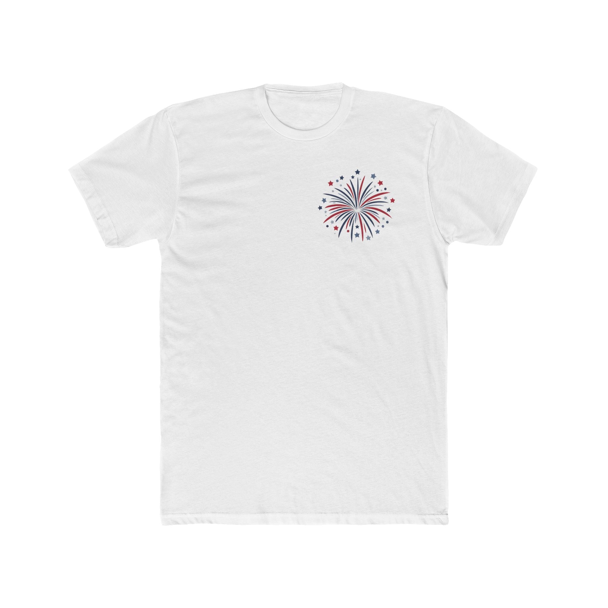 Distressed American Flag Crew Tee — Patriotic Fireworks Chest Print