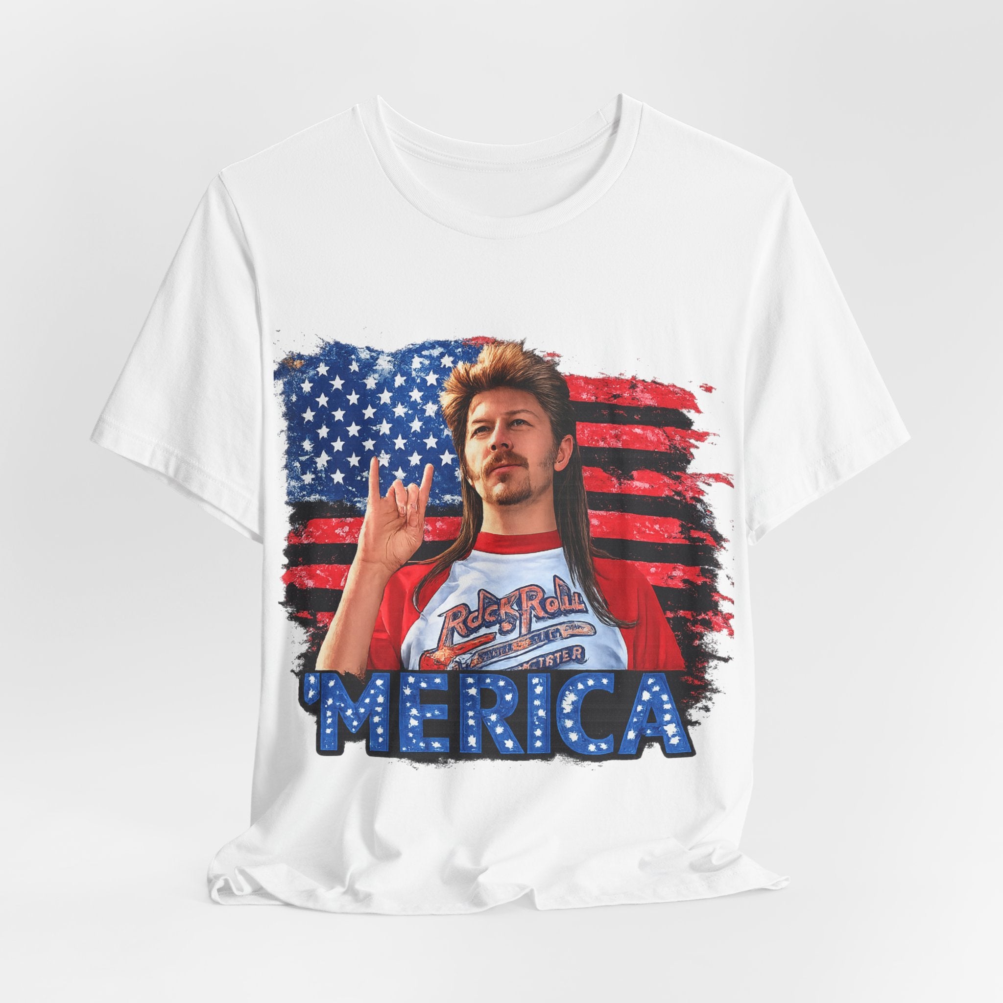 Merica Graphic Tee — Retro American Flag Shirt with 'MERICA' Text
