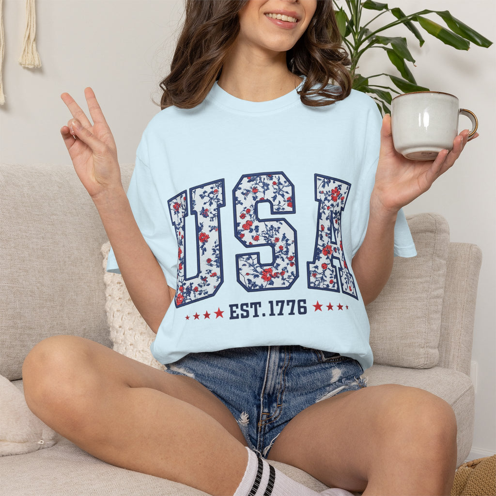 USA Floral Graphic T-Shirt — EST. 1776 Patriotic Tee