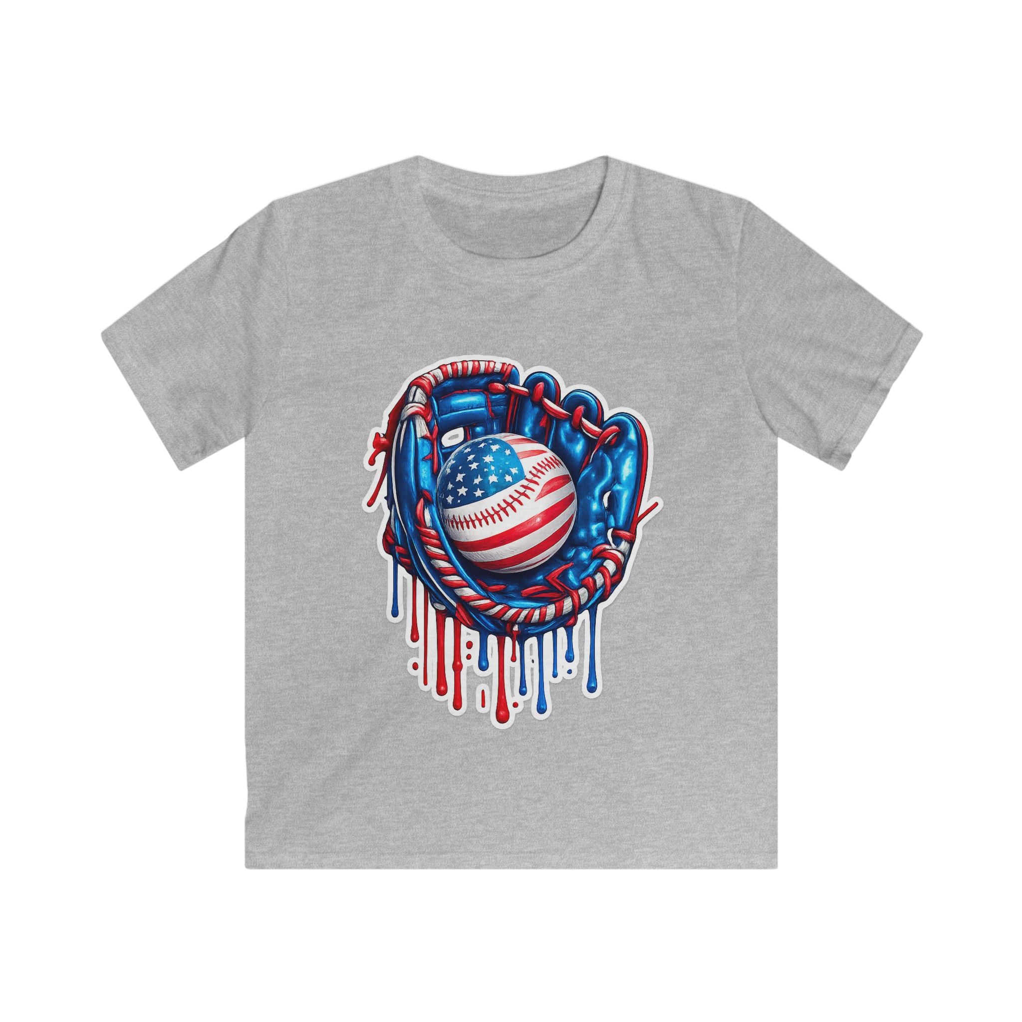 Kids Patriotic Baseball Tee — American Flag Glove & Dripping Ball Design