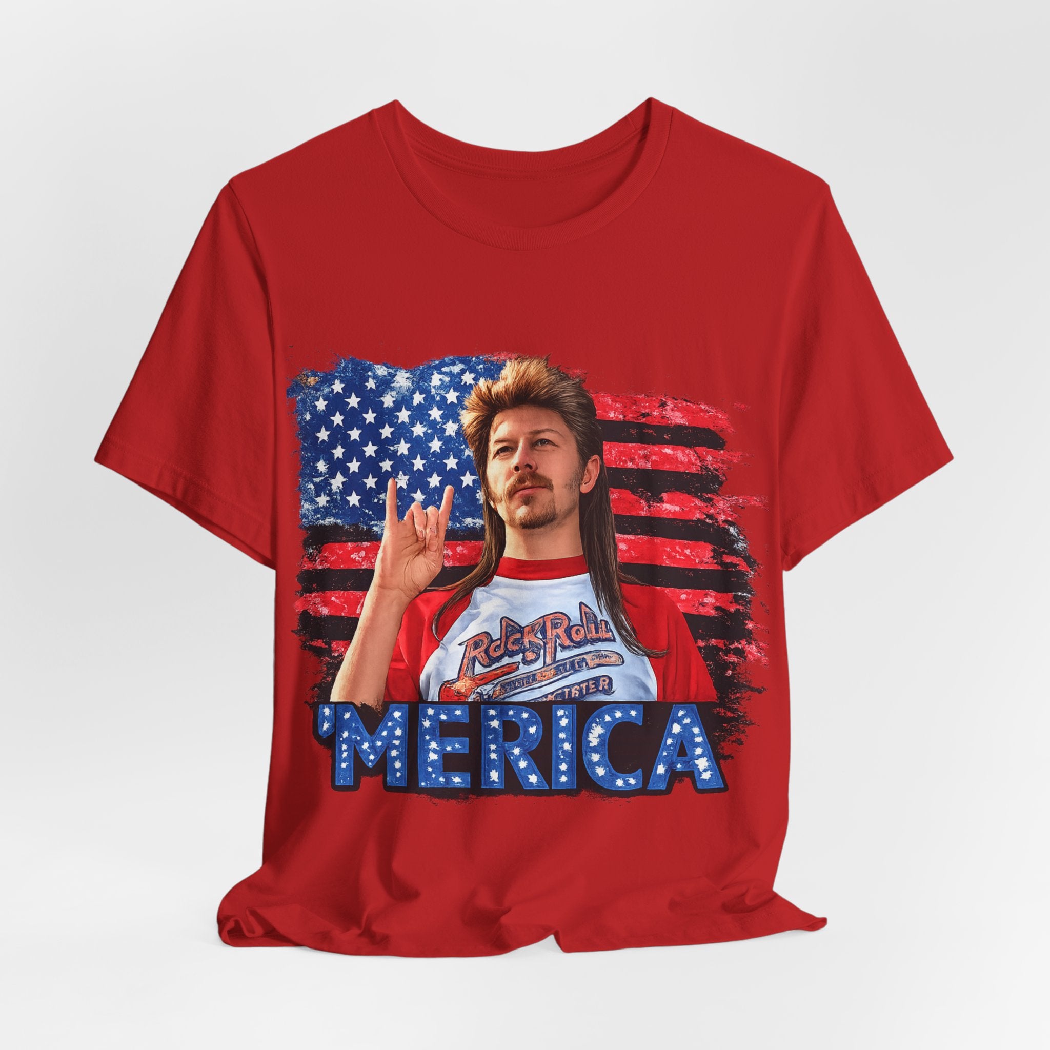 Merica Graphic Tee — Retro American Flag Shirt with 'MERICA' Text