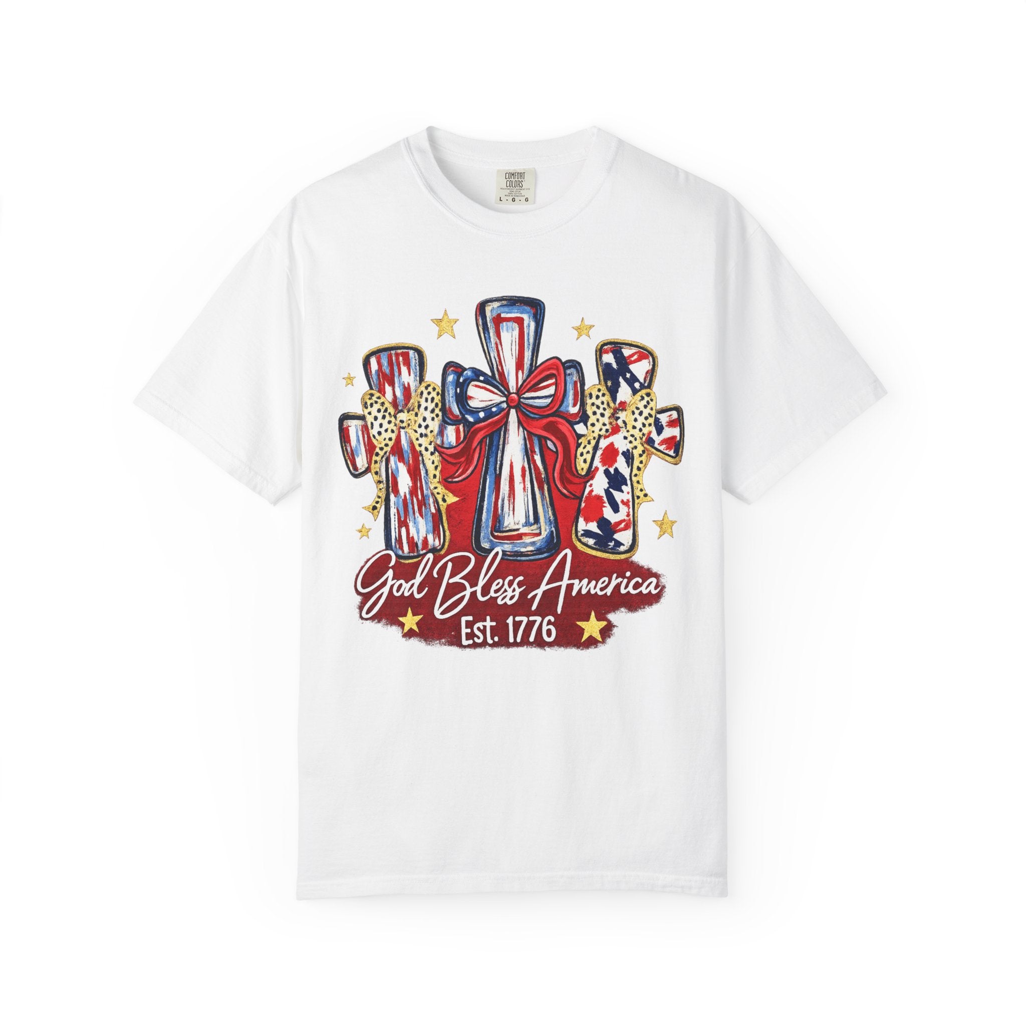 God Bless America Cross Tee — Patriotic Est. 1776 T-Shirt
