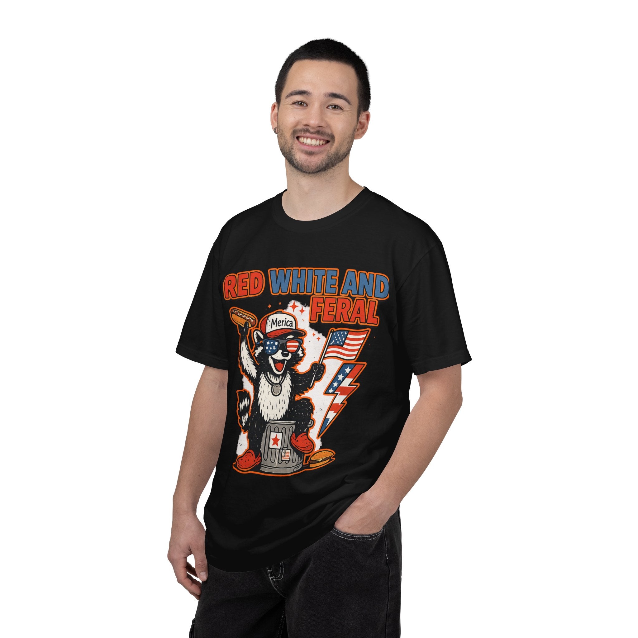 Red White and Feral Raccoon Tee — Patriotic Funny Graphic T-Shirt