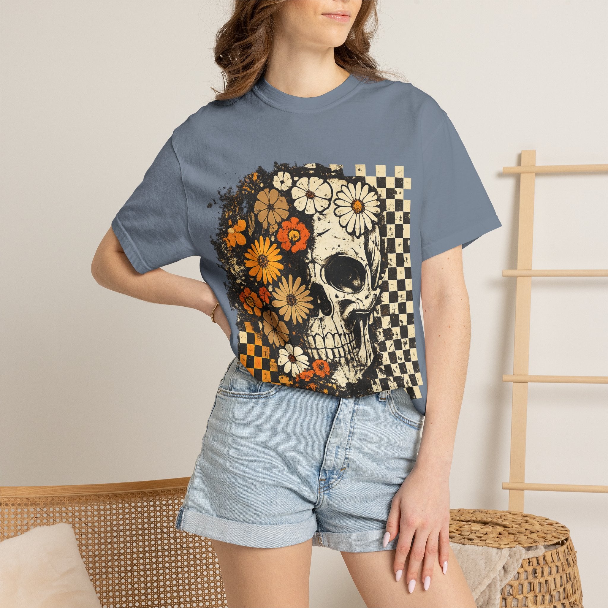 Floral Skull Checkerboard T-Shirt