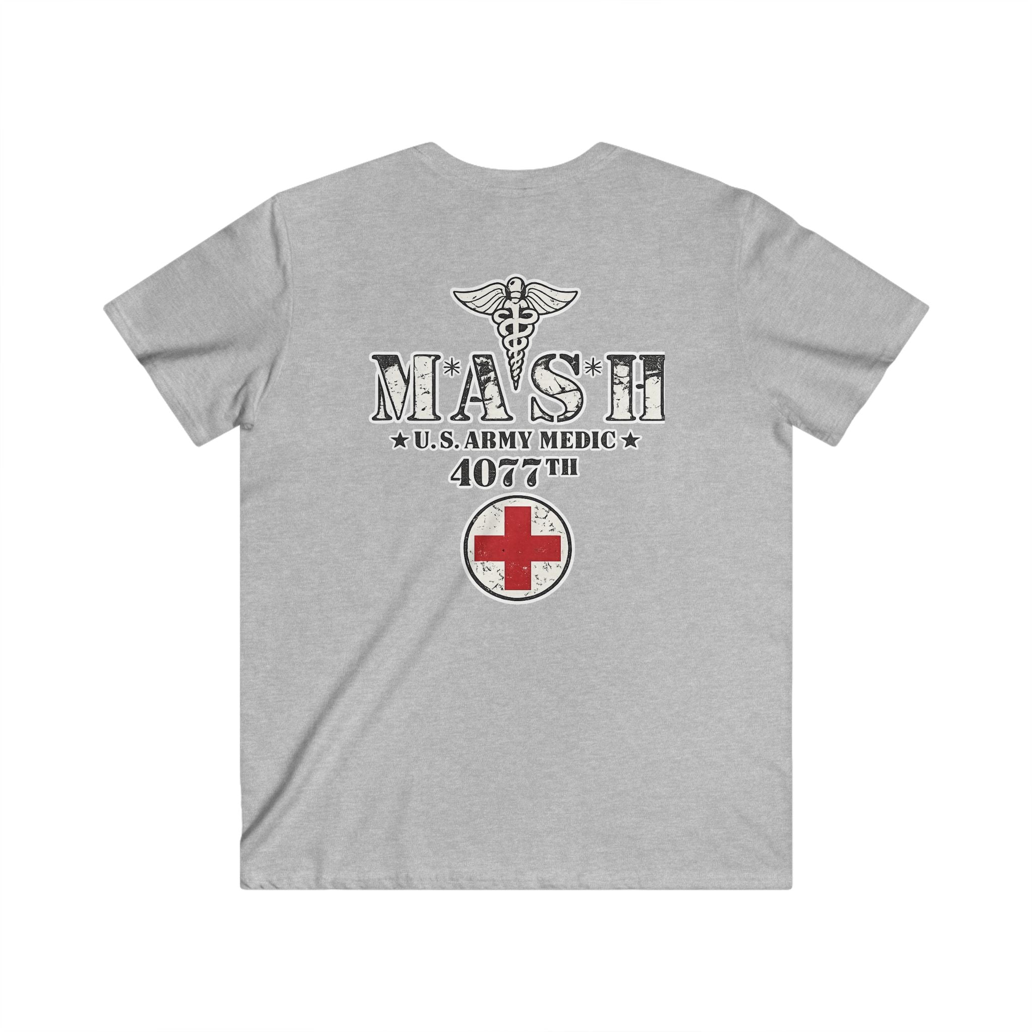 MASH 4077th U.S. Army Medic V-Neck T-Shirt – Vintage Caduceus & Red Cross Tee