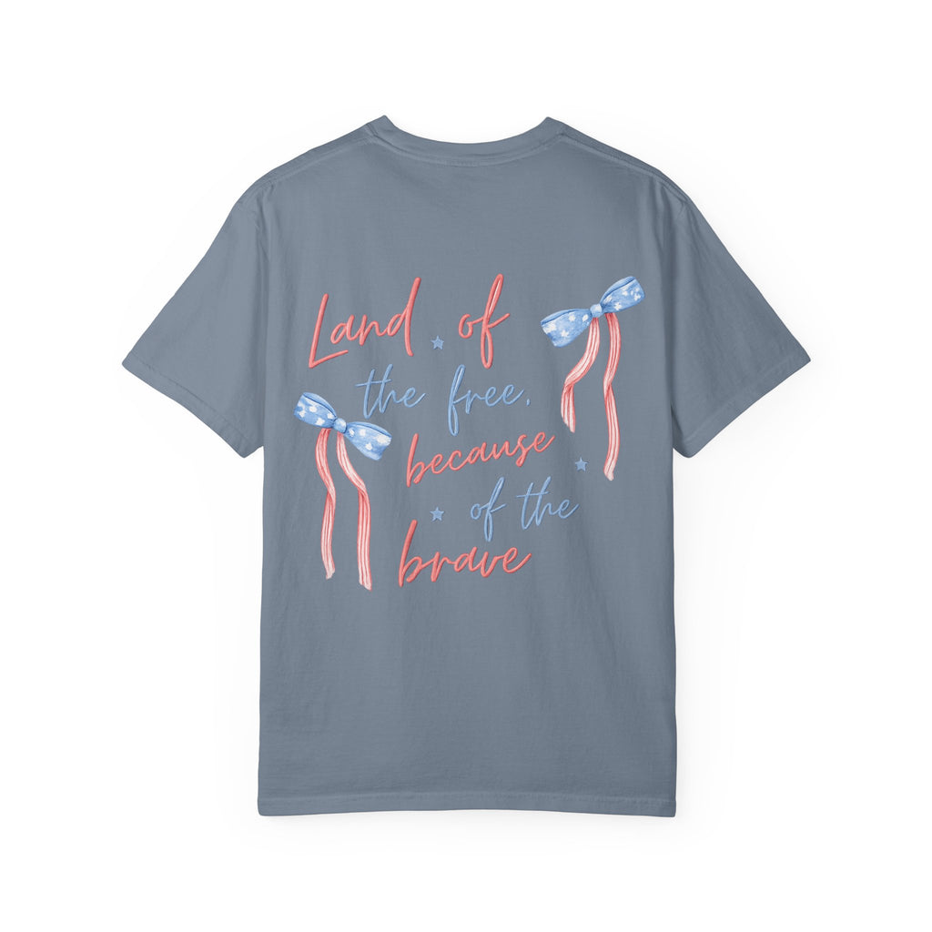 Patriotic Bow T-Shirt — “Land of the Free, Because of the Brave” Graphic Tee