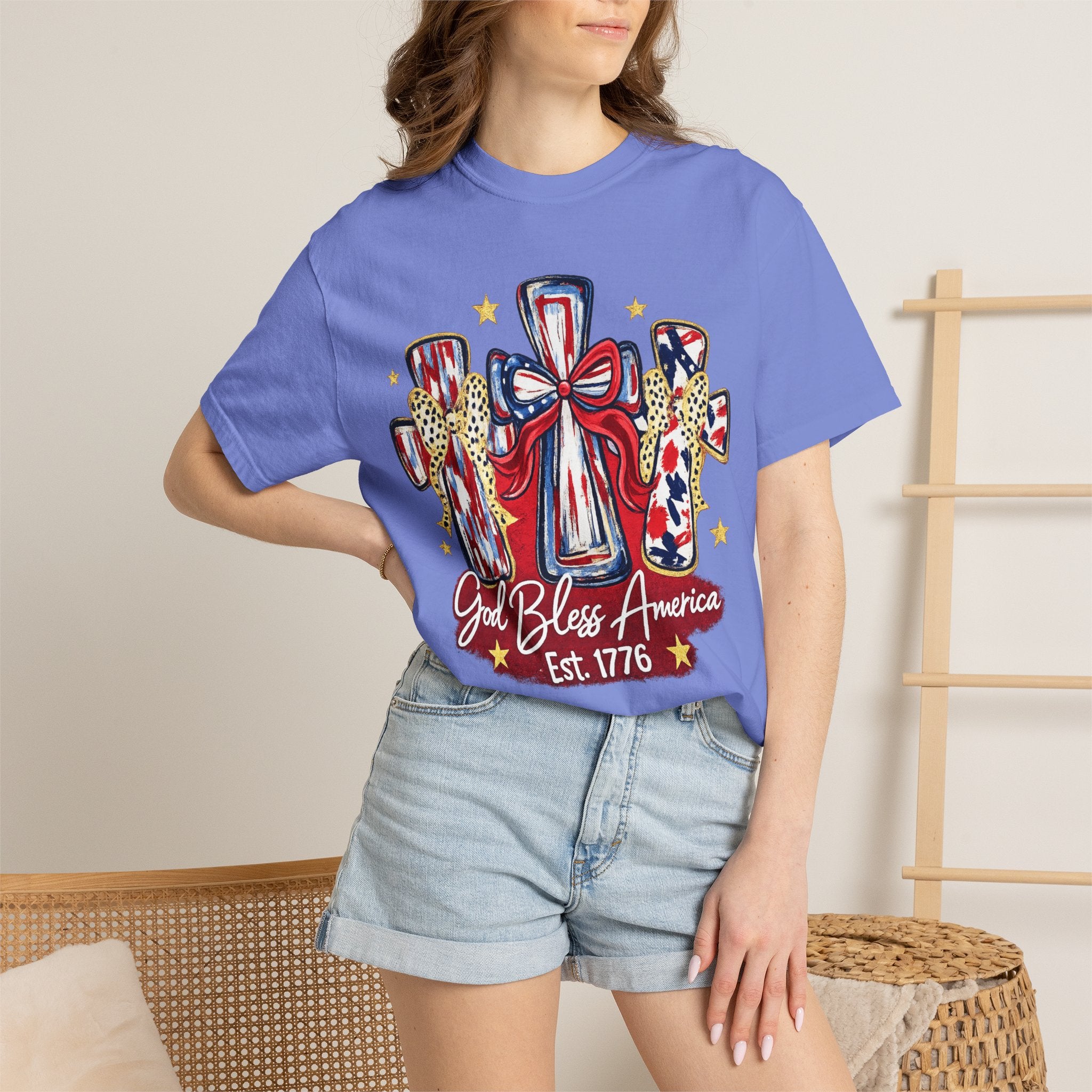 God Bless America Cross Tee — Patriotic Est. 1776 T-Shirt
