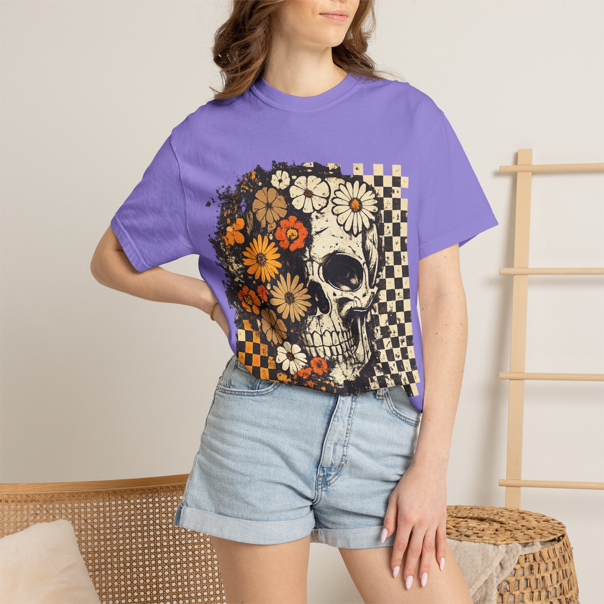 Floral Skull Checkerboard T-Shirt