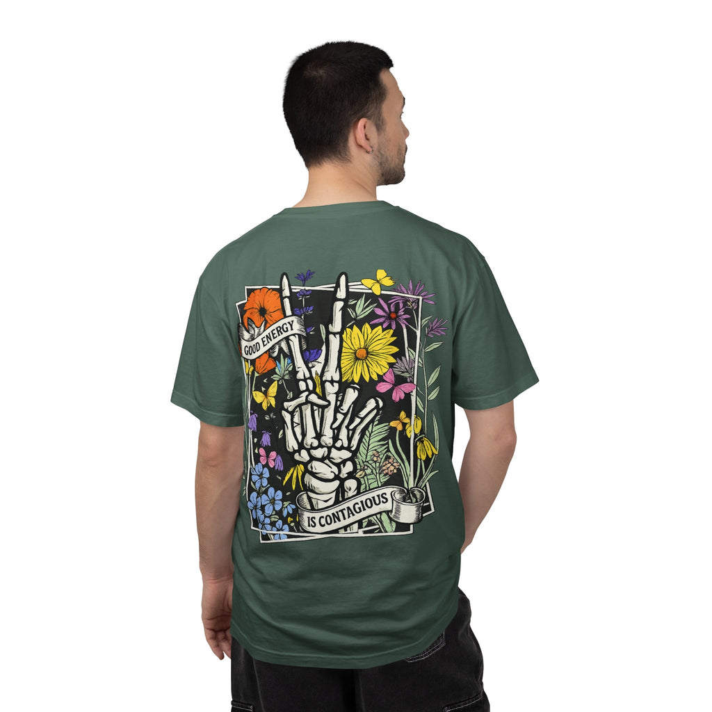 Good Energy Is Contagious T-Shirt — Floral Skeleton Back Graphic