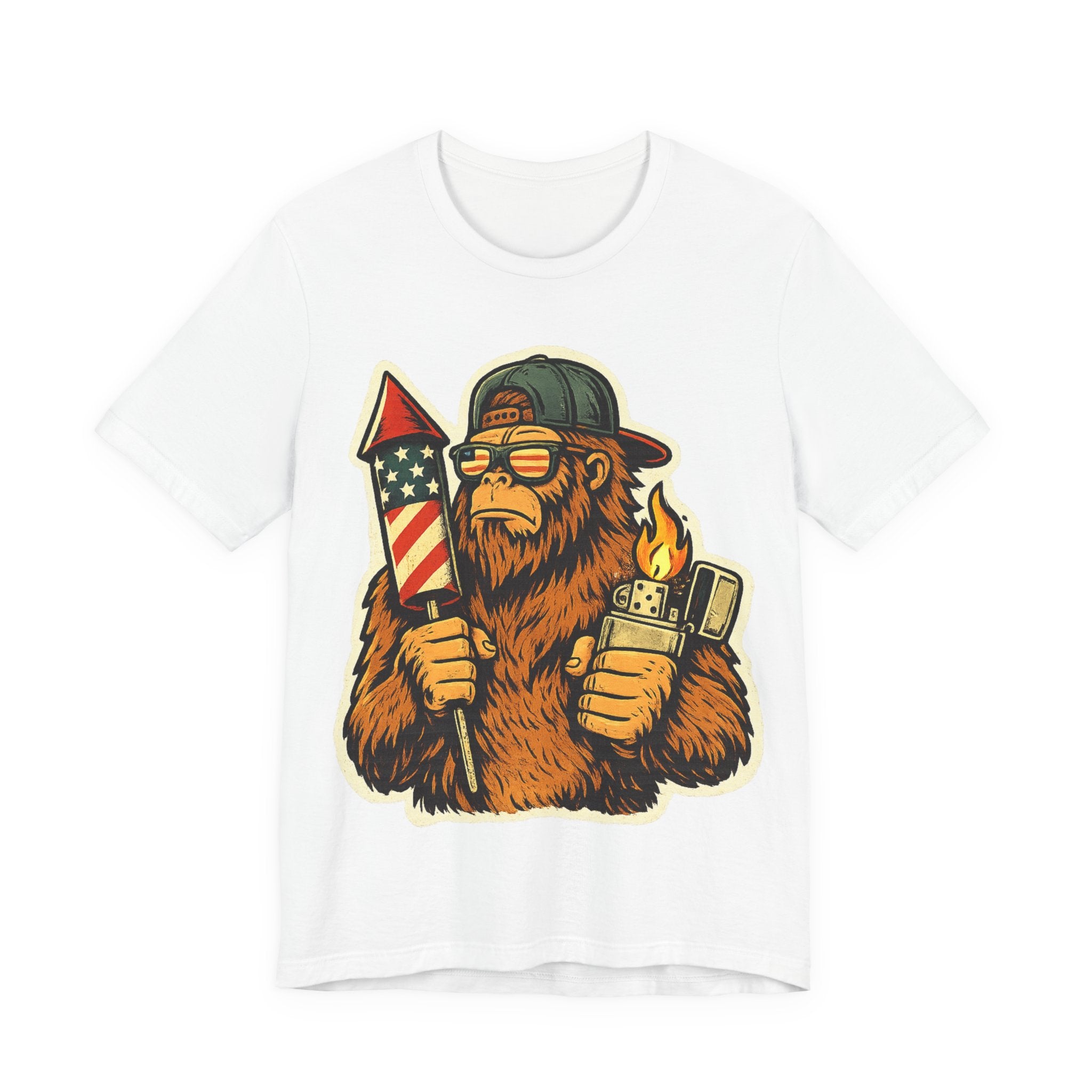 Patriotic Bigfoot Tee — Firework Rocket & Lighter Graphic T-Shirt