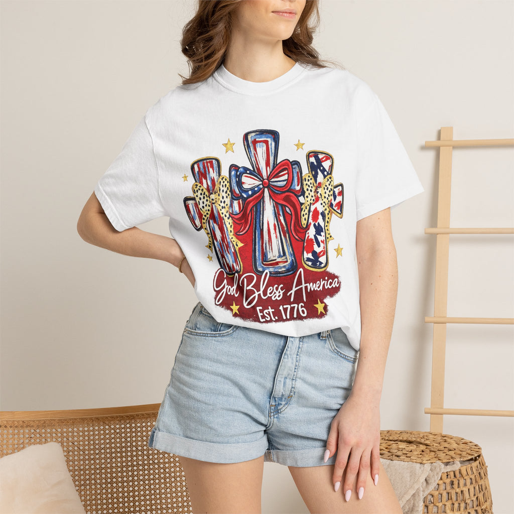 God Bless America Cross Tee — Patriotic Est. 1776 T-Shirt