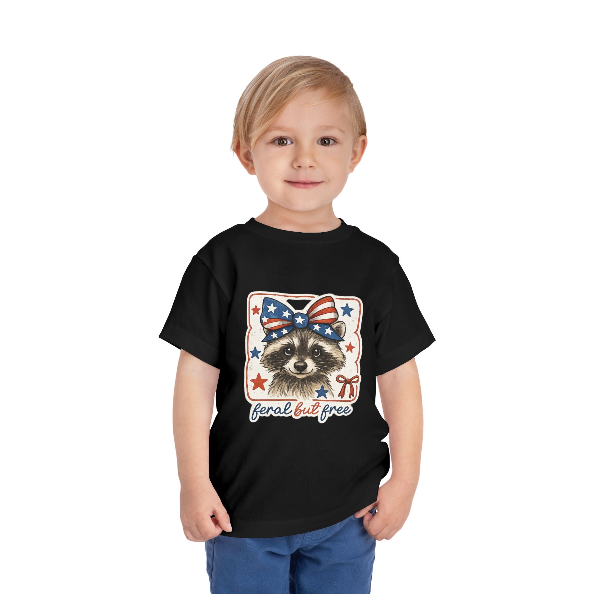 Patriotic Raccoon Toddler Tee — "Feral but Free" 4th of July Shirt