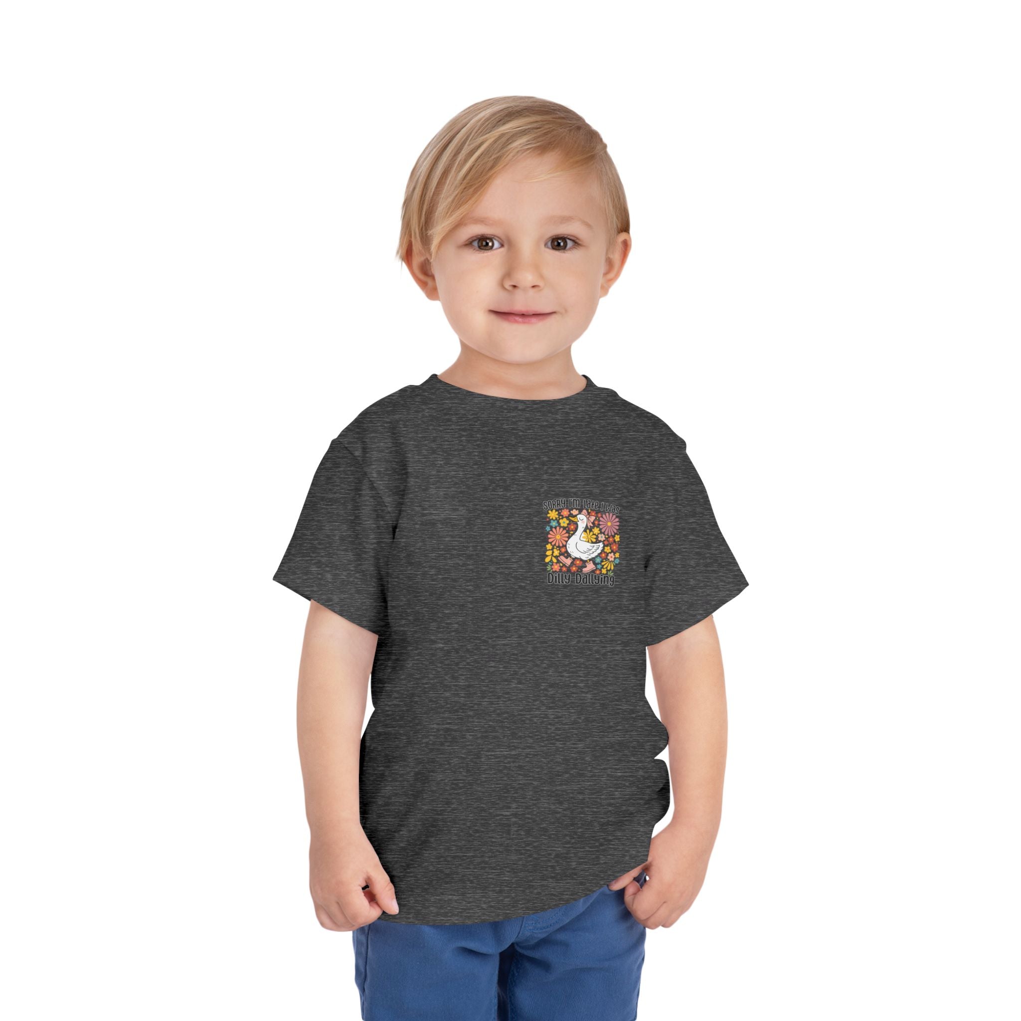 Toddler Tee — “Sorry I’m Late I Was Dilly Dallying” Cute Floral Duck Shirt