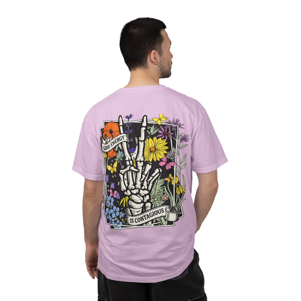 Good Energy Is Contagious T-Shirt — Floral Skeleton Back Graphic