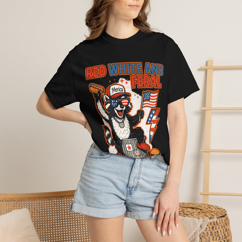 Red White and Feral Raccoon Tee — Patriotic Funny Graphic T-Shirt