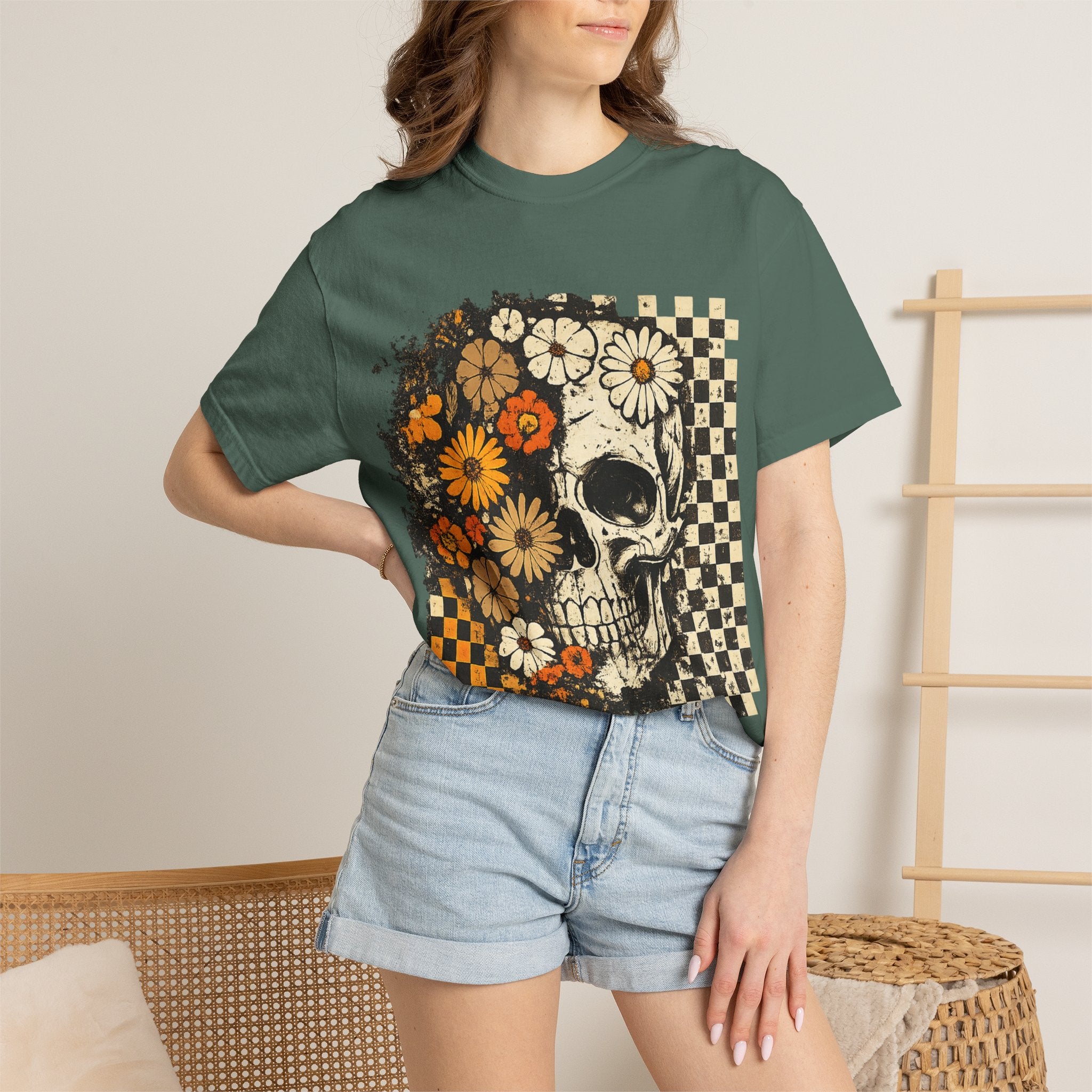 Floral Skull Checkerboard T-Shirt