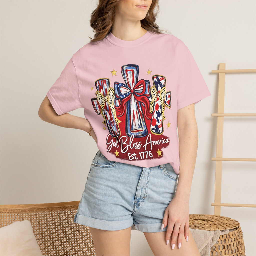 God Bless America Cross Tee — Patriotic Est. 1776 T-Shirt