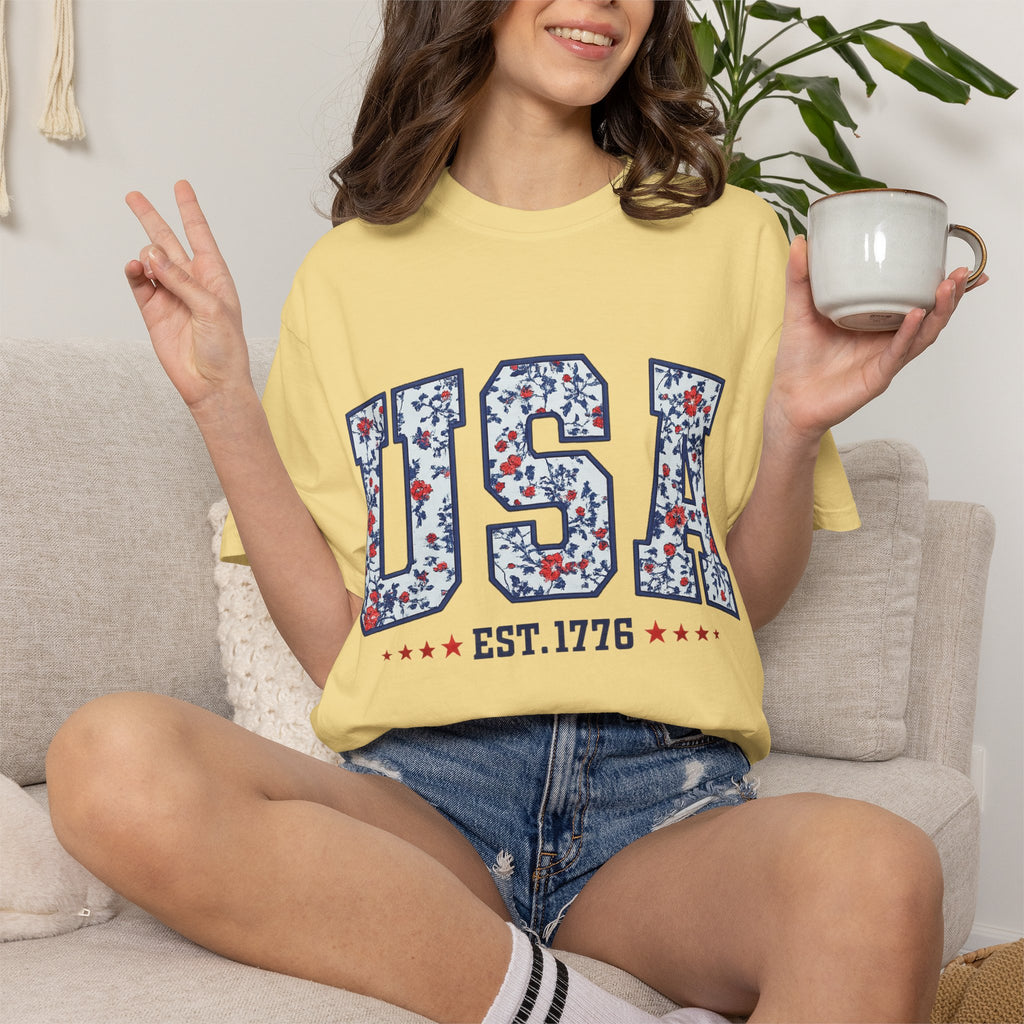 USA Floral Graphic T-Shirt — EST. 1776 Patriotic Tee