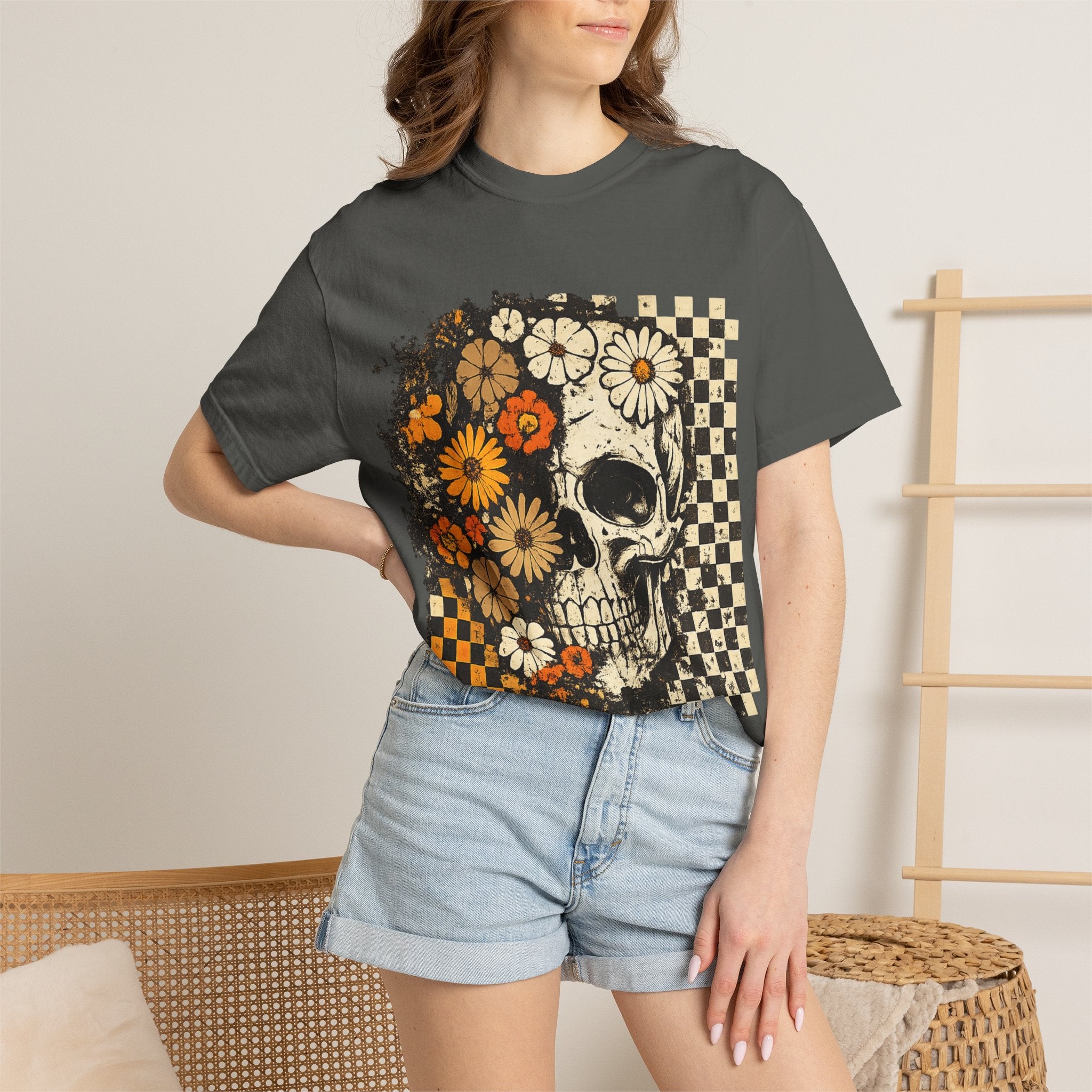Floral Skull Checkerboard T-Shirt