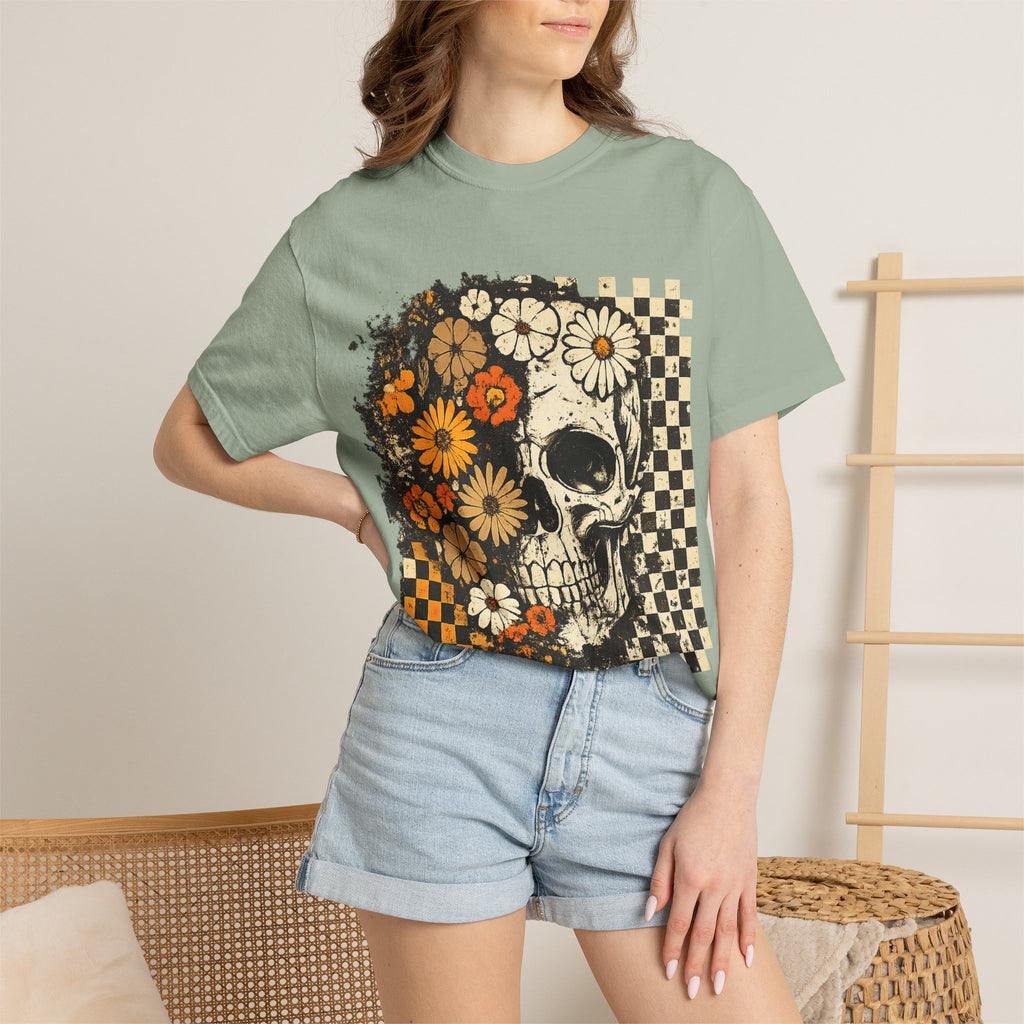Floral Skull Checkerboard T-Shirt