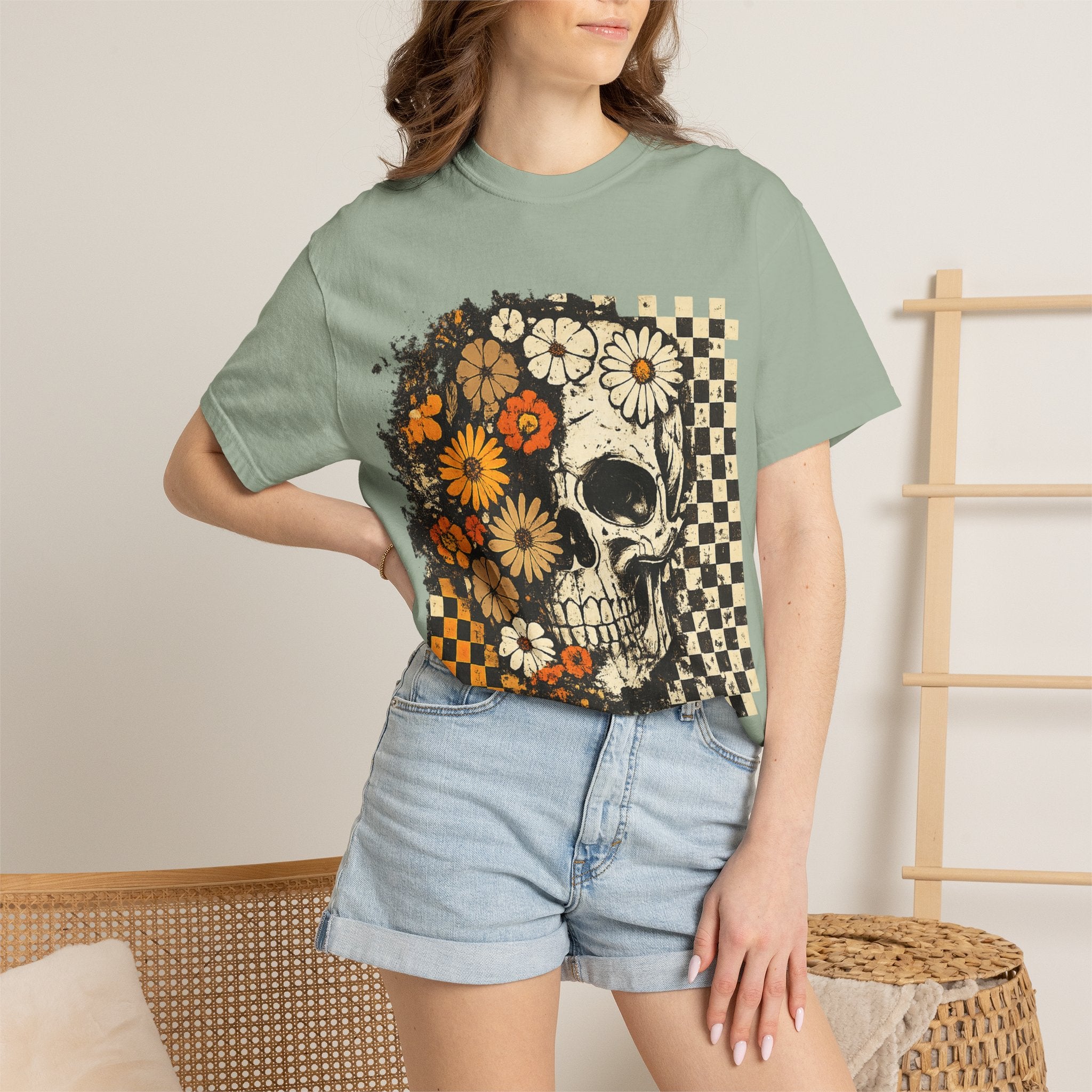 Floral Skull Checkerboard T-Shirt