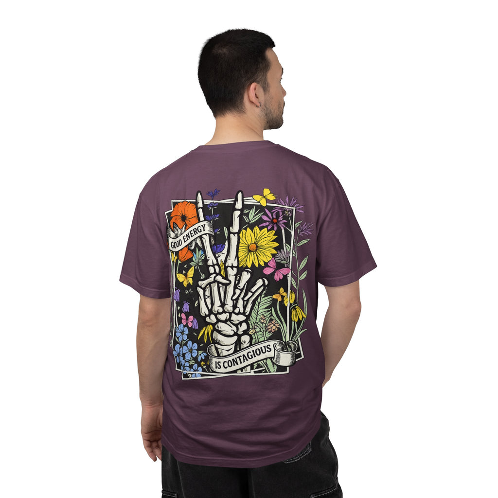 Good Energy Is Contagious T-Shirt — Floral Skeleton Back Graphic