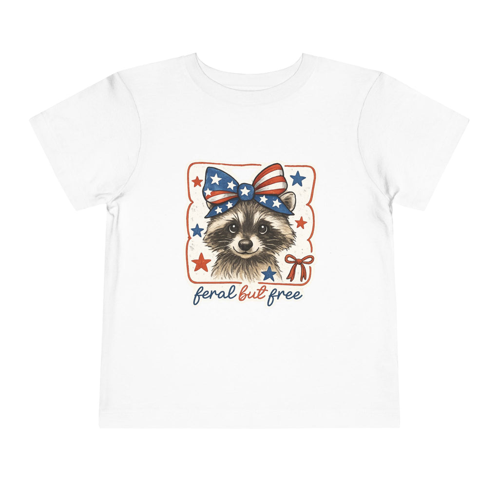 Patriotic Raccoon Toddler Tee — "Feral but Free" 4th of July Shirt