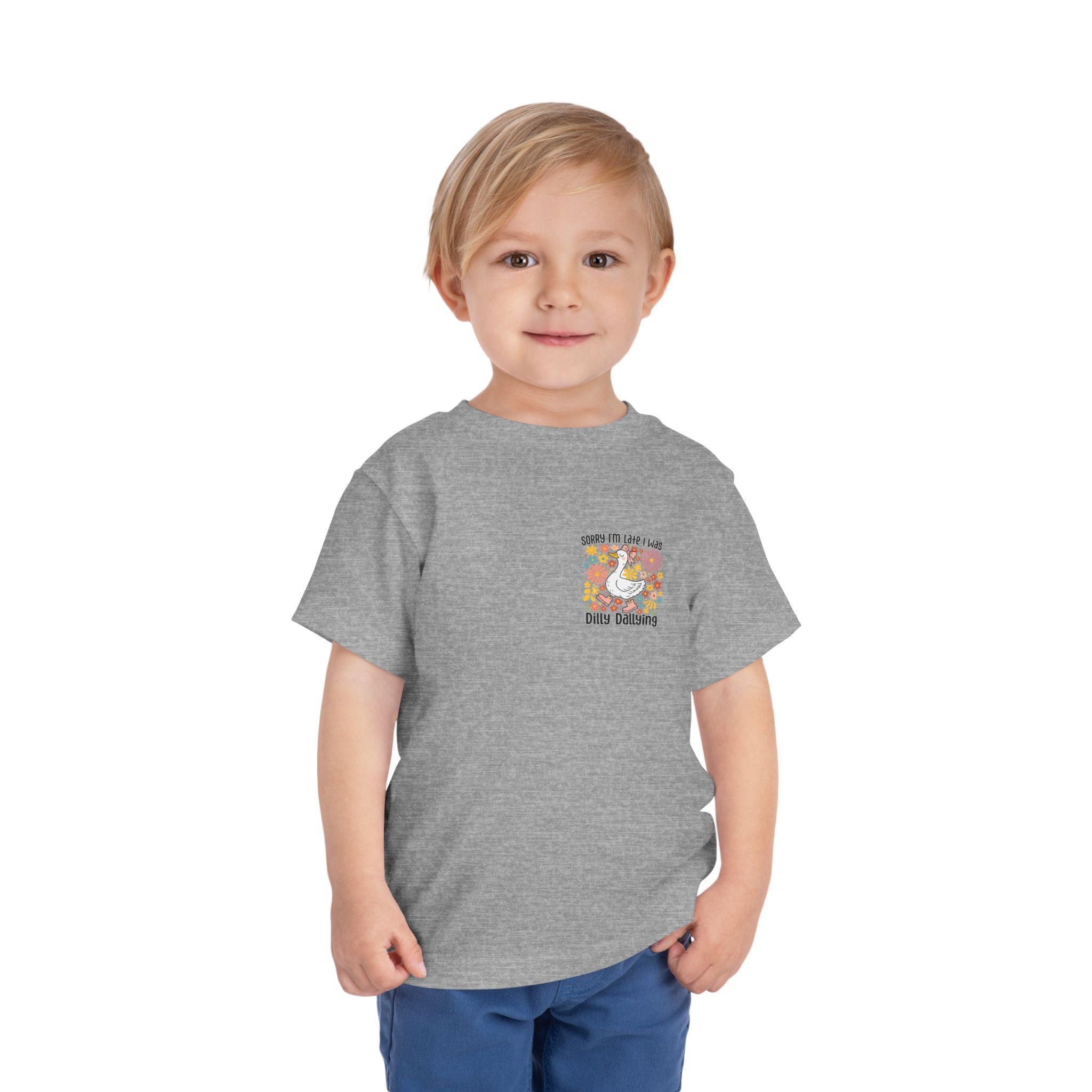 Toddler Tee — “Sorry I’m Late I Was Dilly Dallying” Cute Floral Duck Shirt