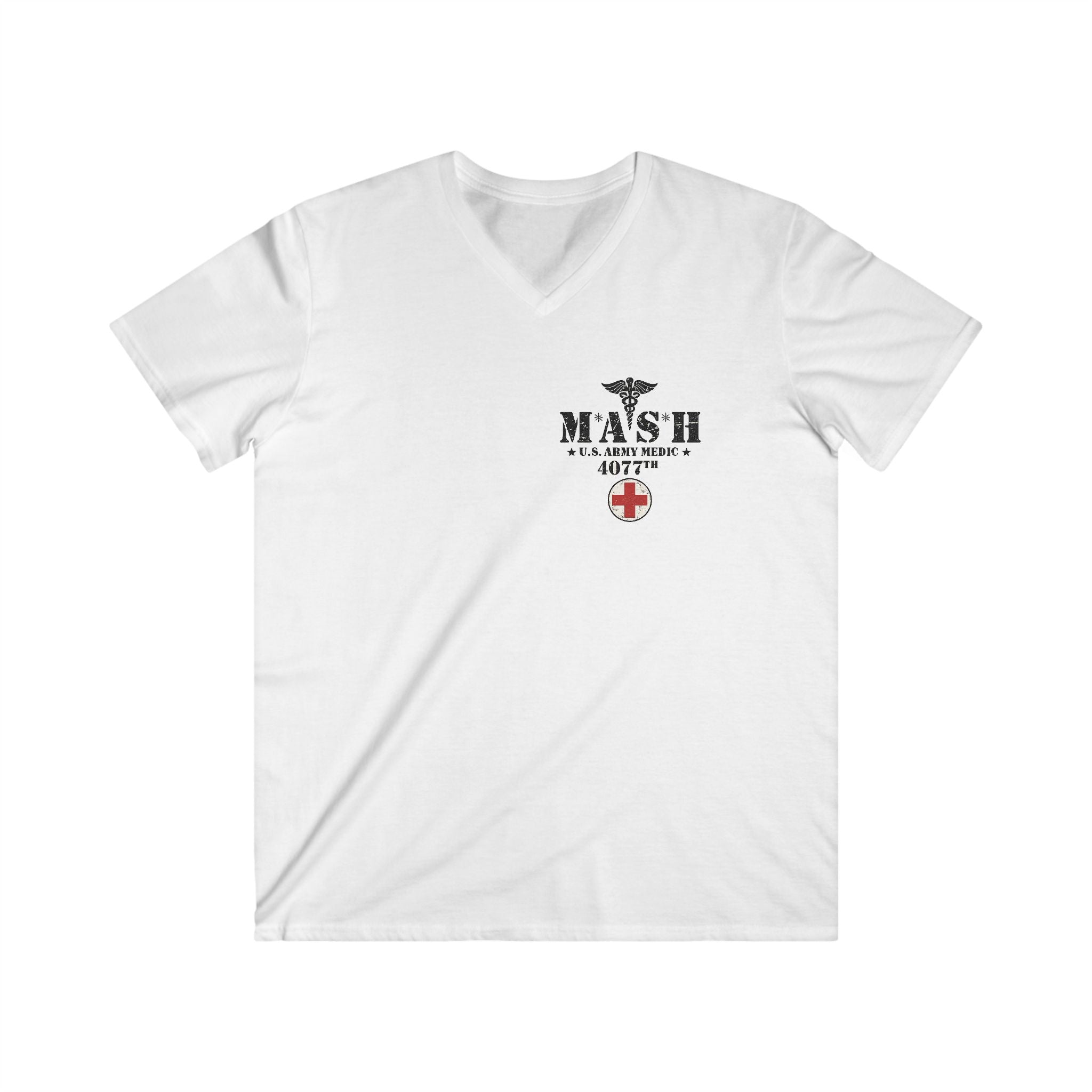 MASH 4077th U.S. Army Medic V-Neck T-Shirt – Vintage Caduceus & Red Cross Tee