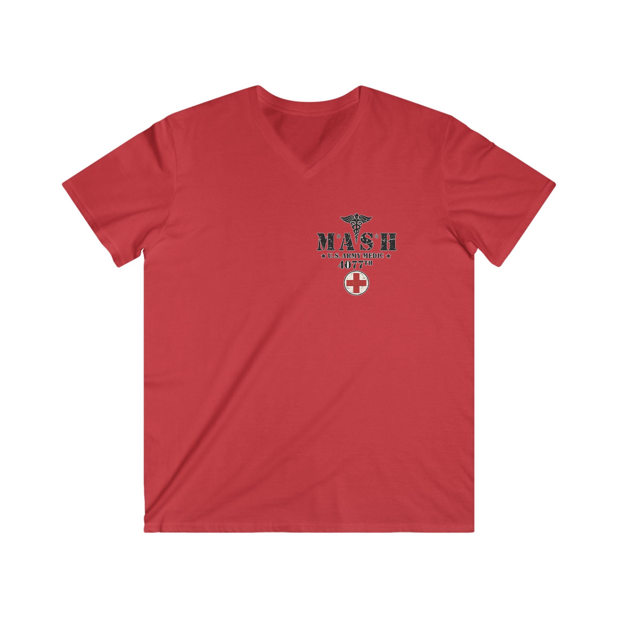 MASH 4077th U.S. Army Medic V-Neck T-Shirt – Vintage Caduceus & Red Cross Tee