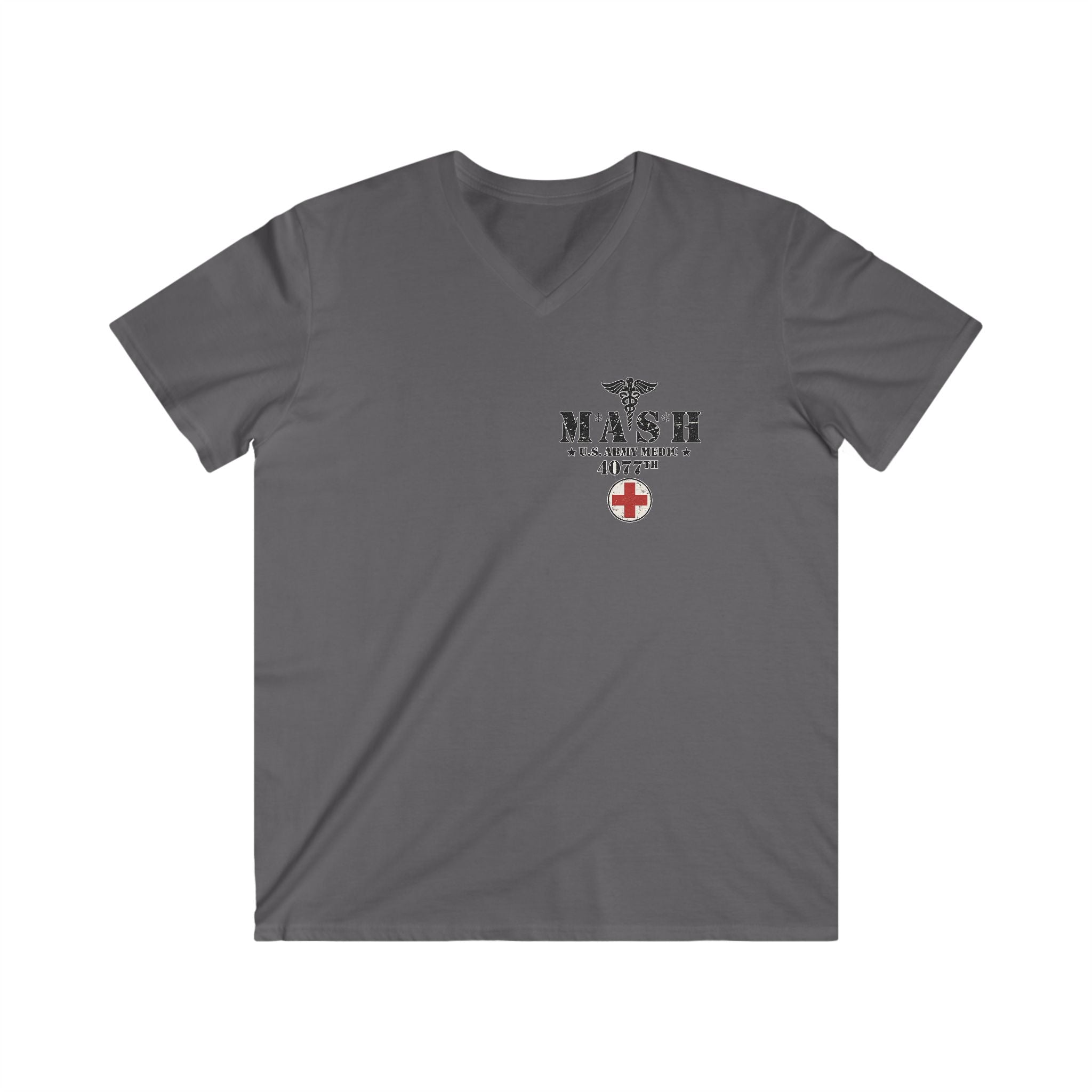MASH 4077th U.S. Army Medic V-Neck T-Shirt – Vintage Caduceus & Red Cross Tee