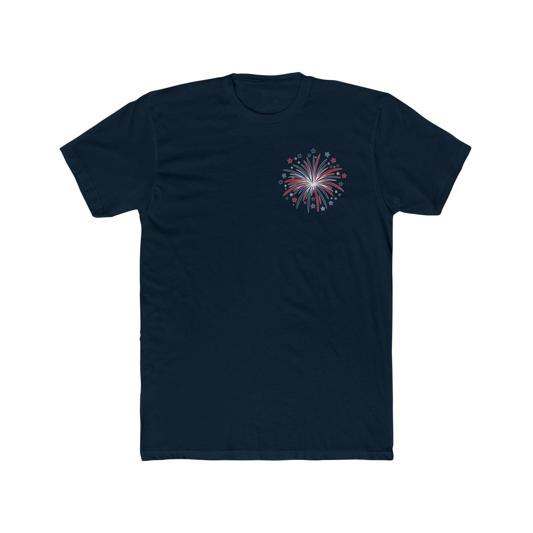 Distressed American Flag Crew Tee — Patriotic Fireworks Chest Print