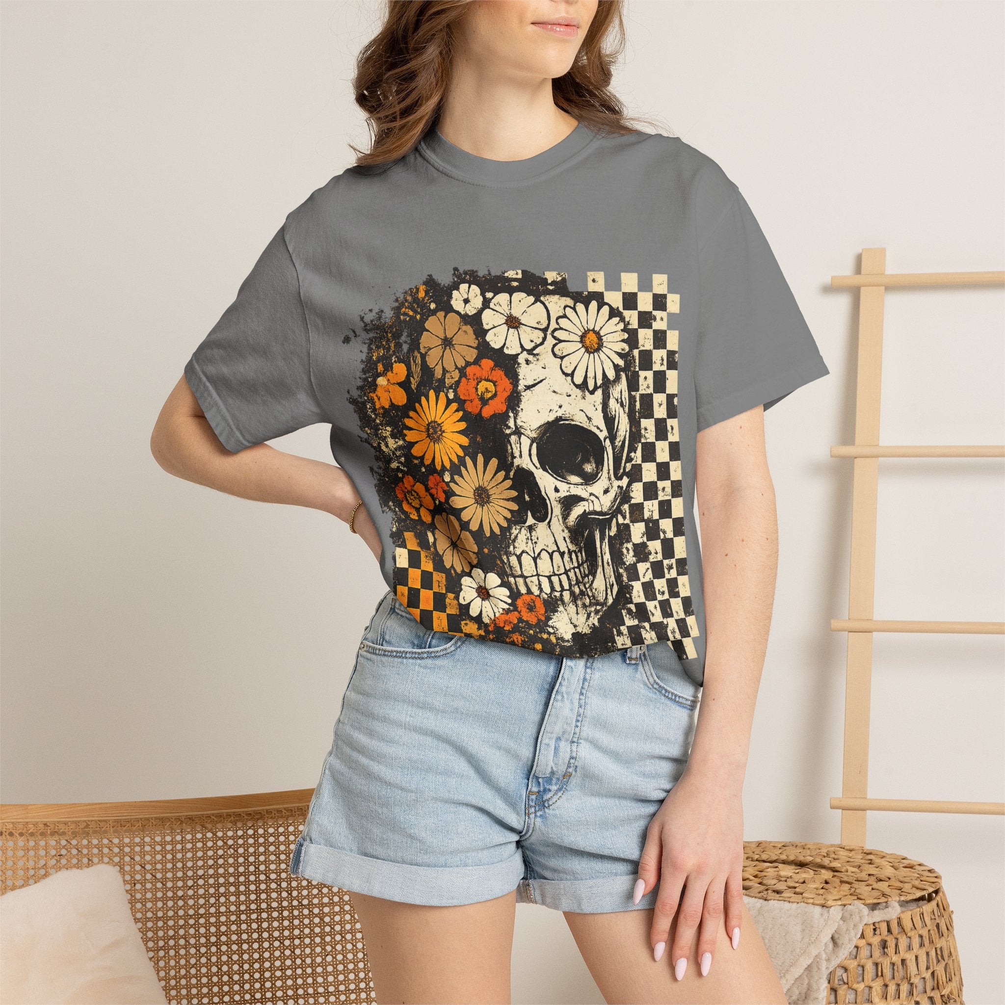 Floral Skull Checkerboard T-Shirt