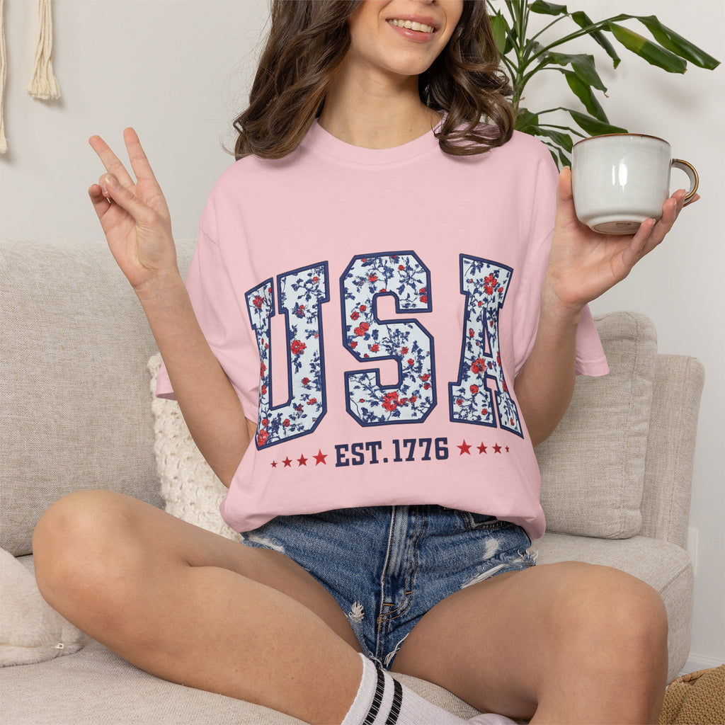 USA Floral Graphic T-Shirt — EST. 1776 Patriotic Tee