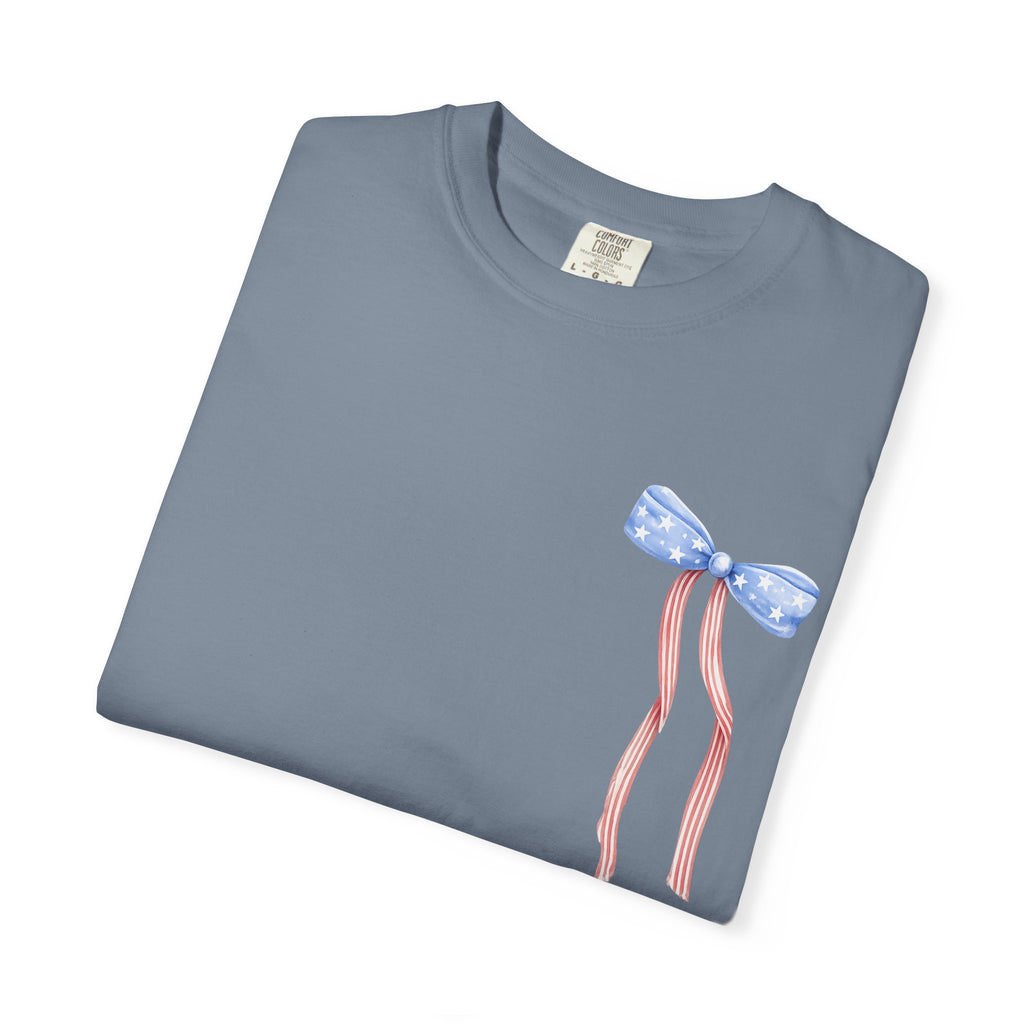 Patriotic Bow T-Shirt — “Land of the Free, Because of the Brave” Graphic Tee