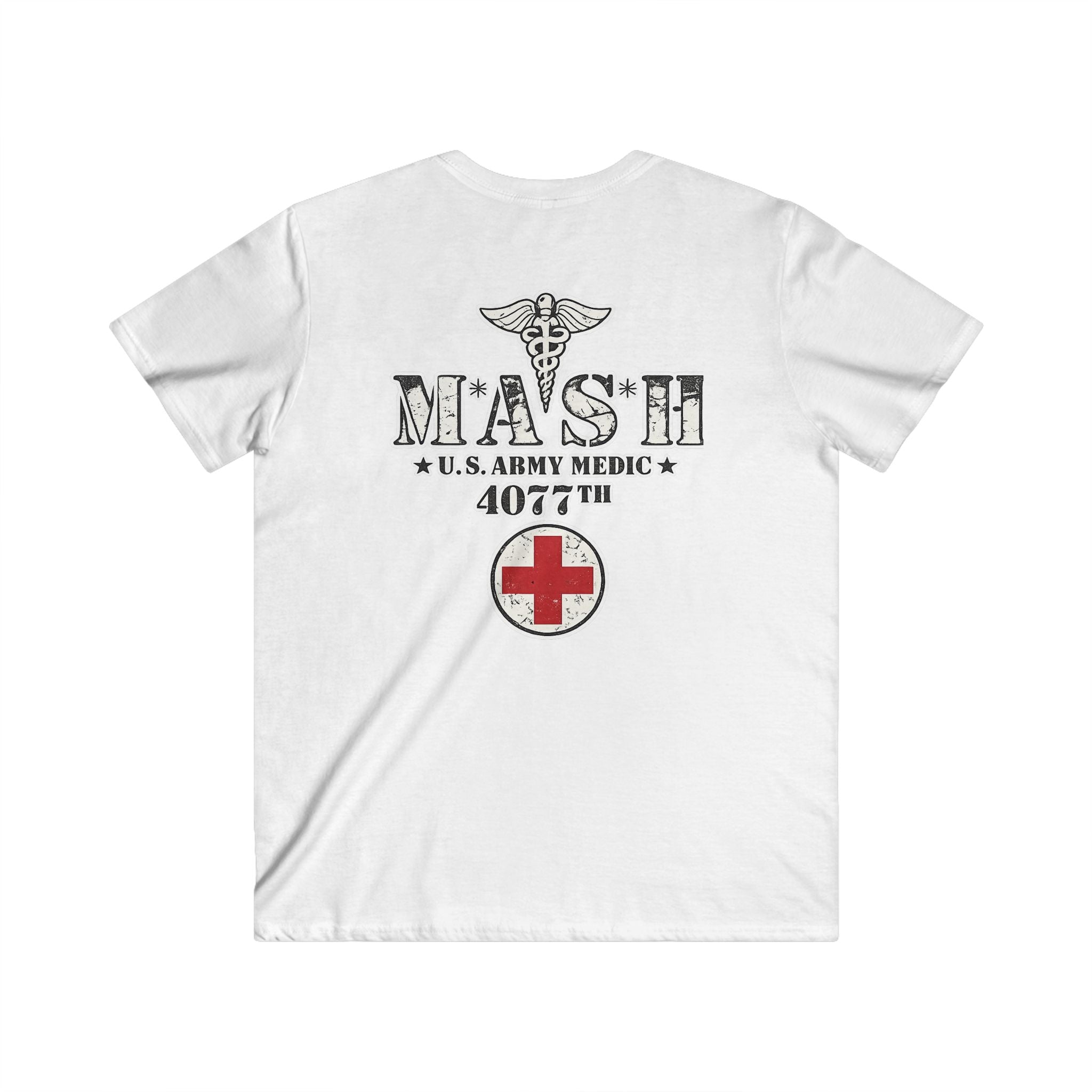 MASH 4077th U.S. Army Medic V-Neck T-Shirt – Vintage Caduceus & Red Cross Tee