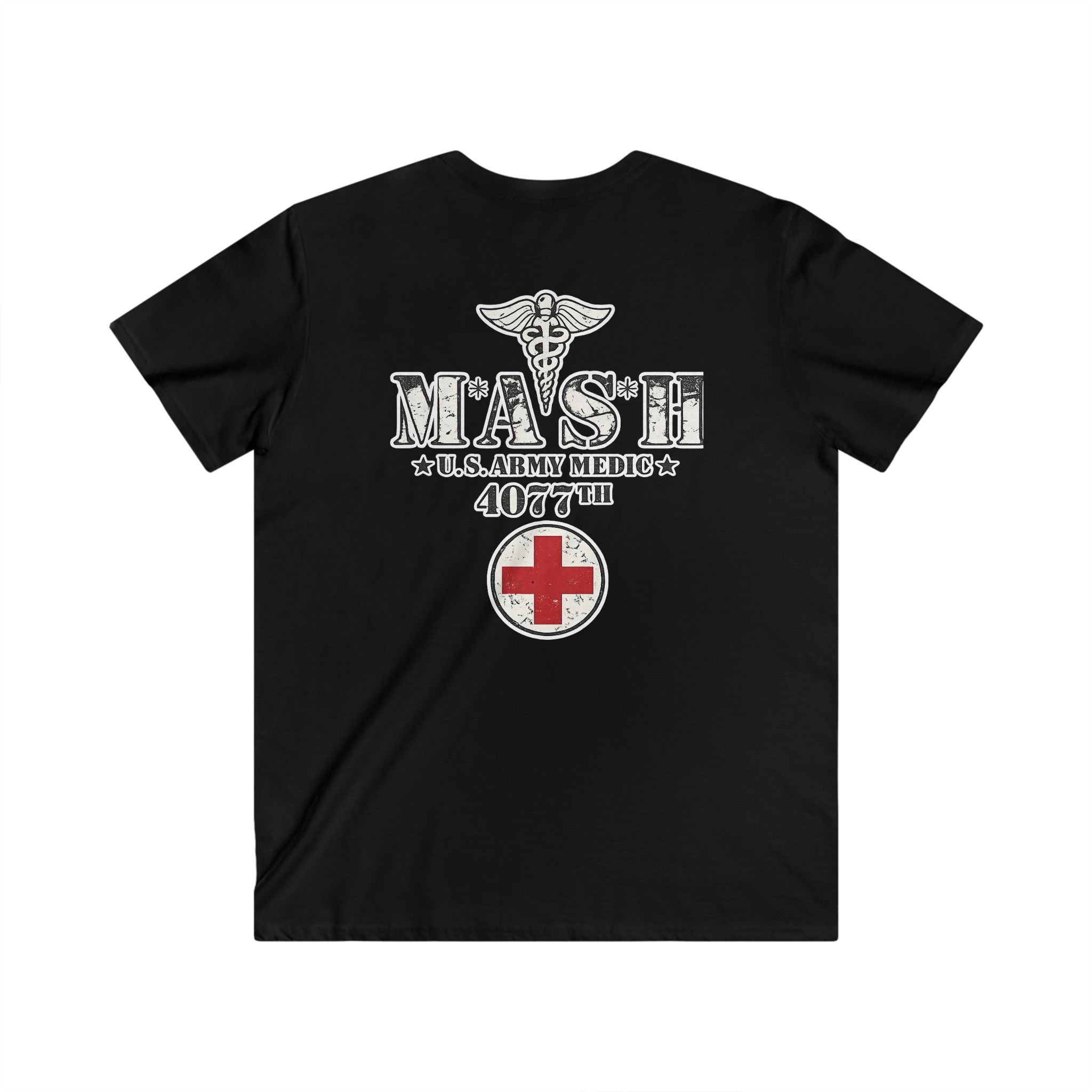 MASH 4077th U.S. Army Medic V-Neck T-Shirt – Vintage Caduceus & Red Cross Tee