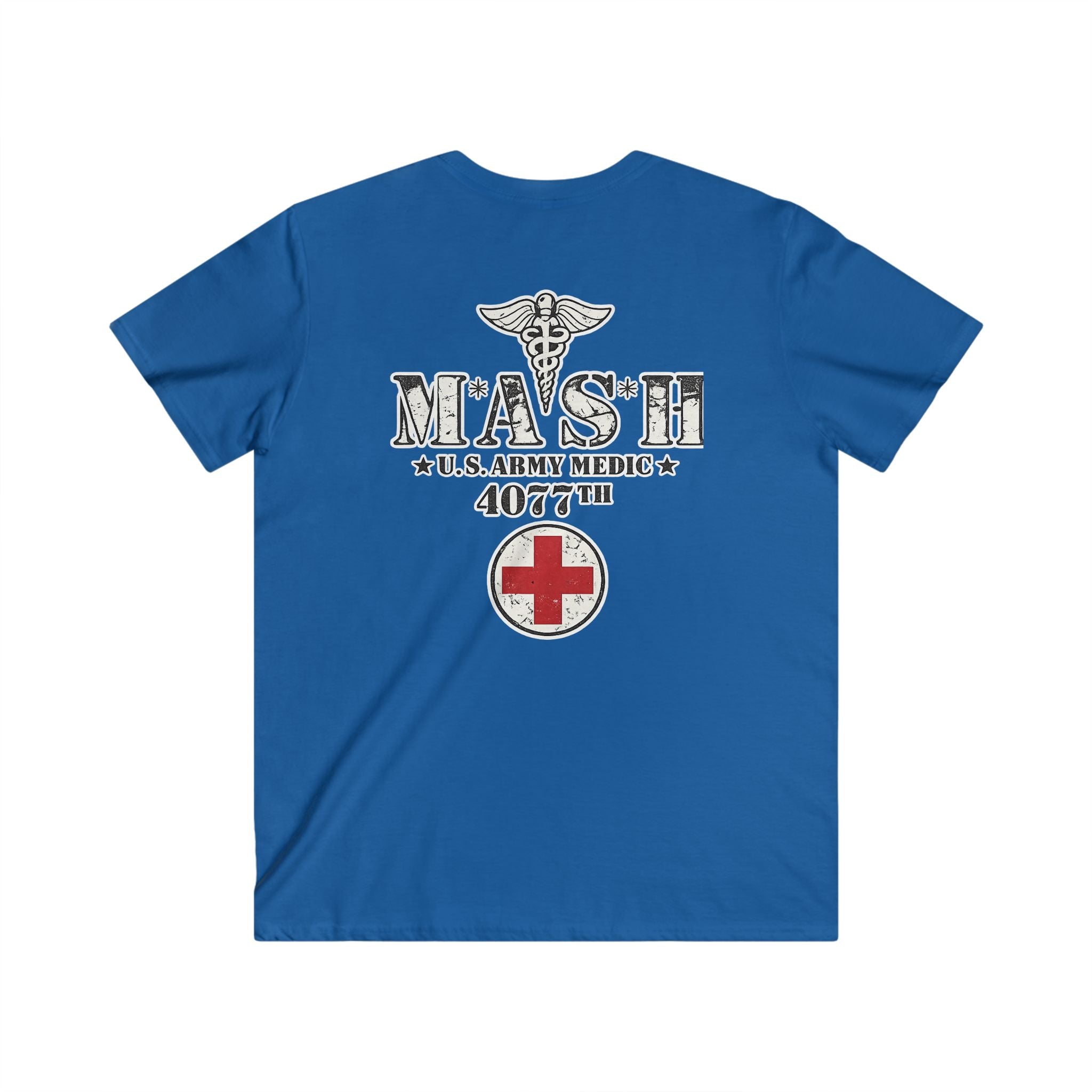 MASH 4077th U.S. Army Medic V-Neck T-Shirt – Vintage Caduceus & Red Cross Tee