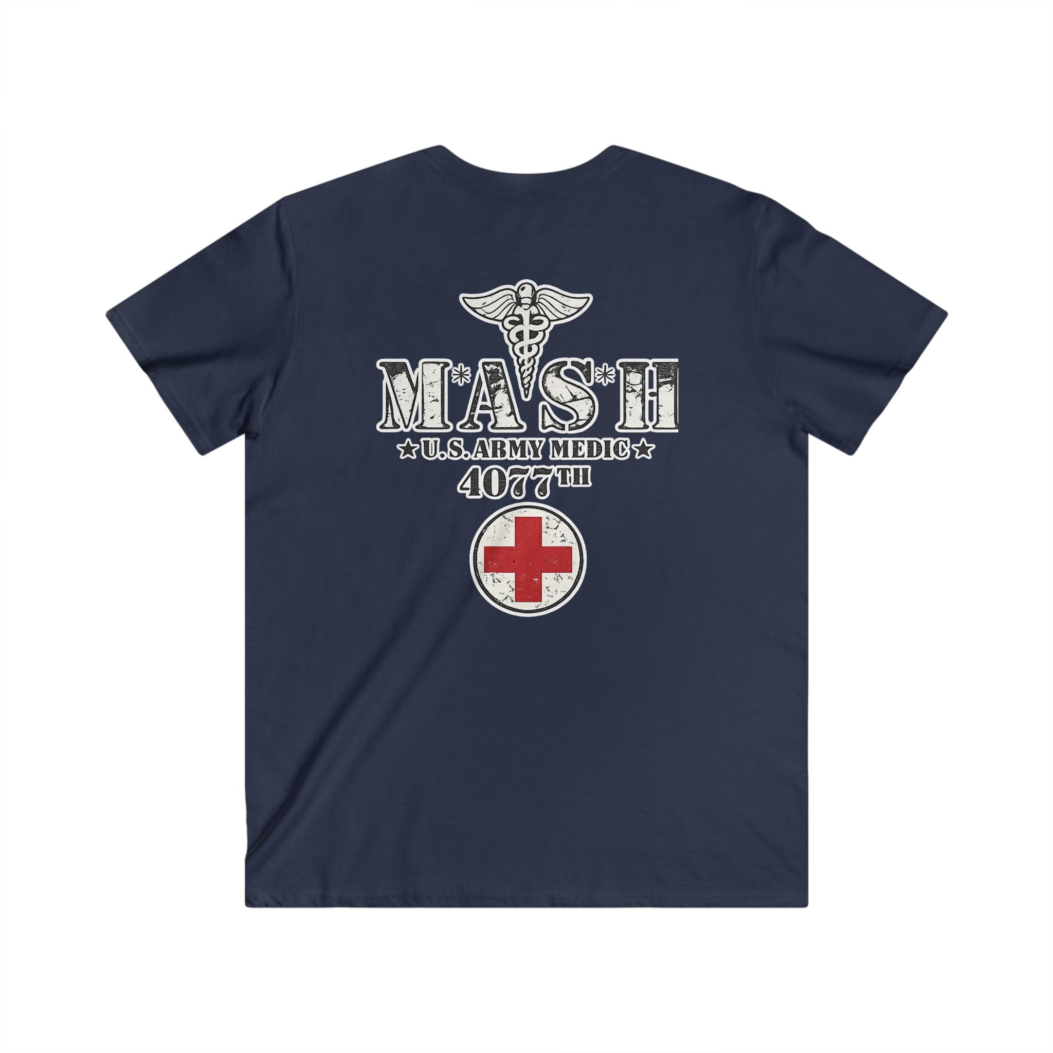 MASH 4077th U.S. Army Medic V-Neck T-Shirt – Vintage Caduceus & Red Cross Tee