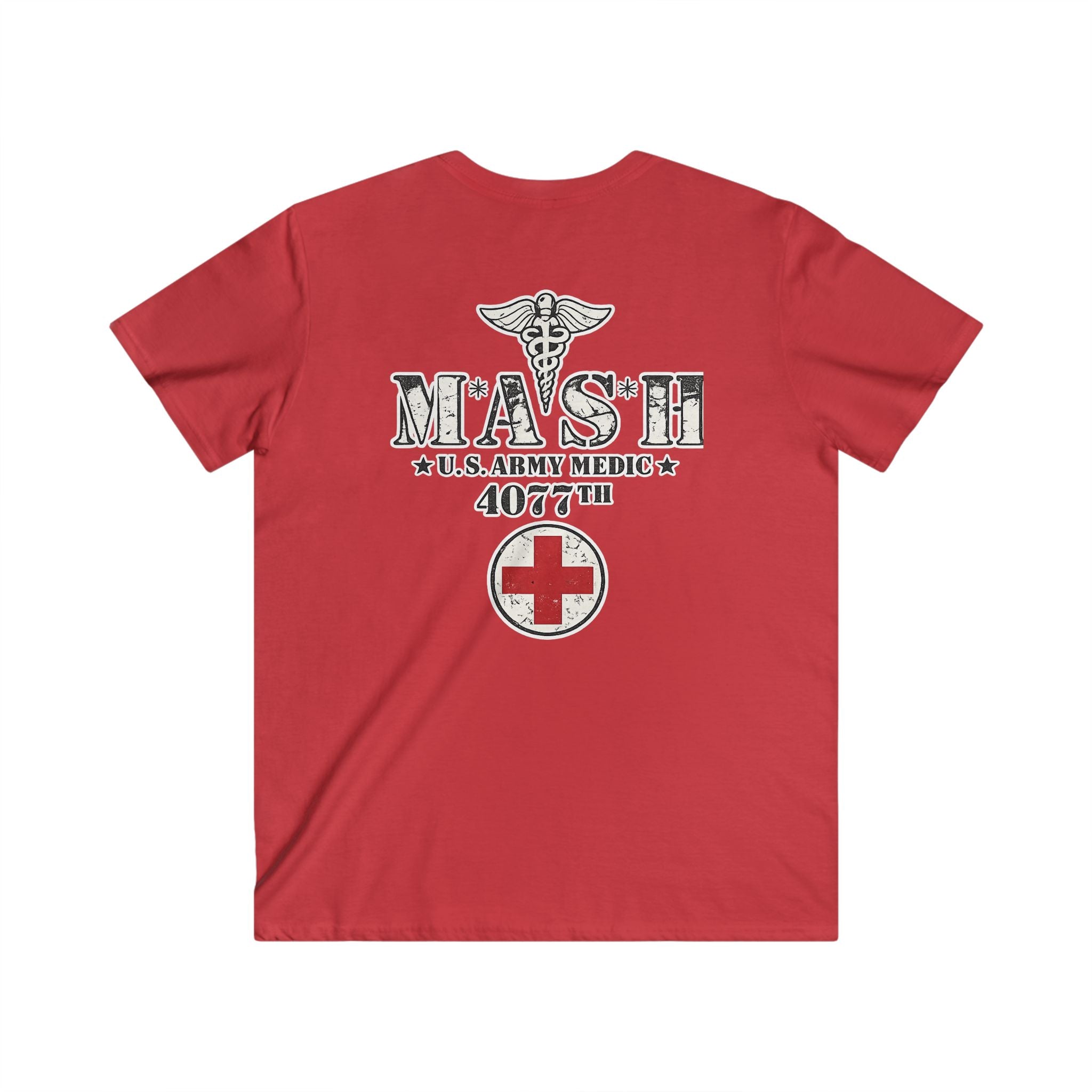 MASH 4077th U.S. Army Medic V-Neck T-Shirt – Vintage Caduceus & Red Cross Tee