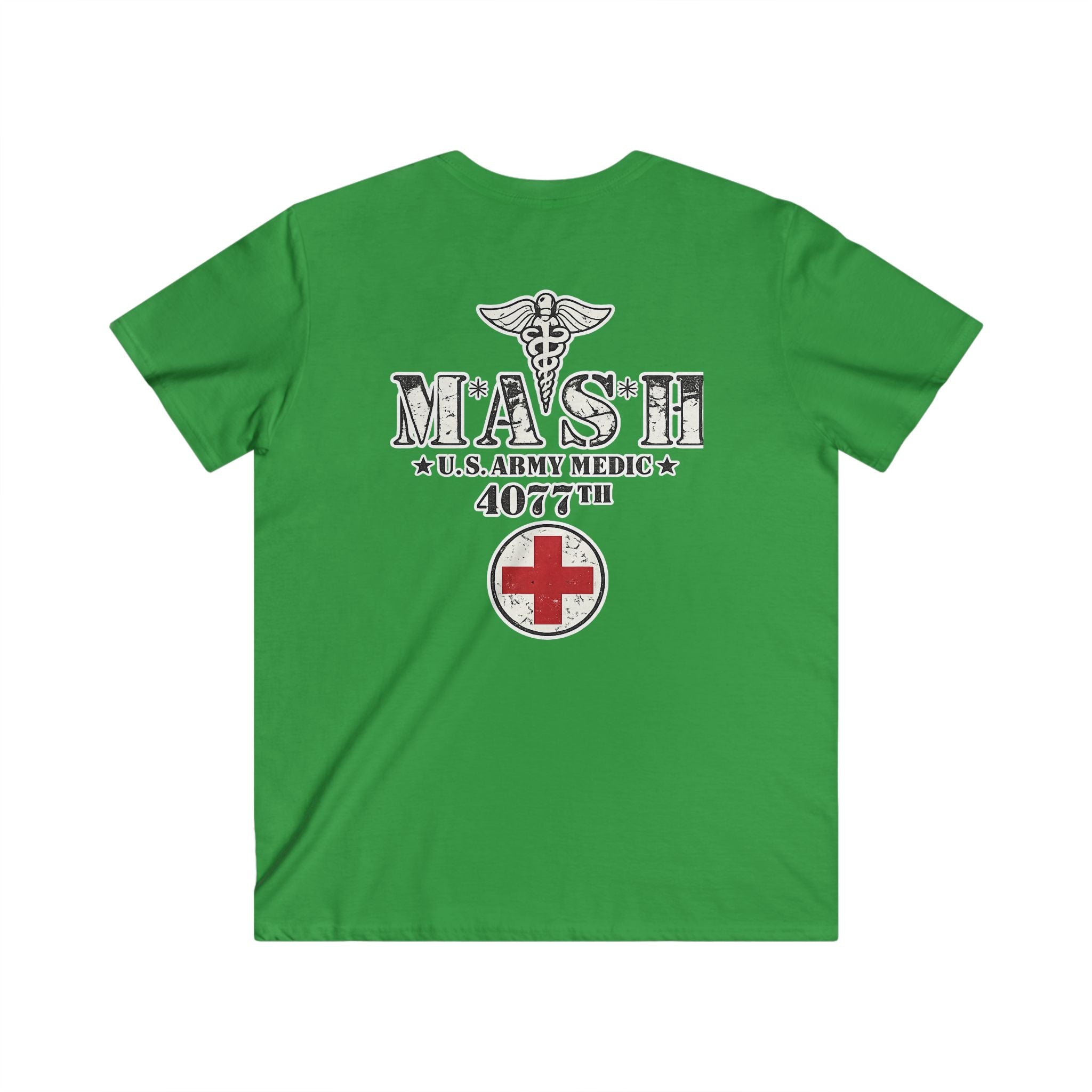MASH 4077th U.S. Army Medic V-Neck T-Shirt – Vintage Caduceus & Red Cross Tee