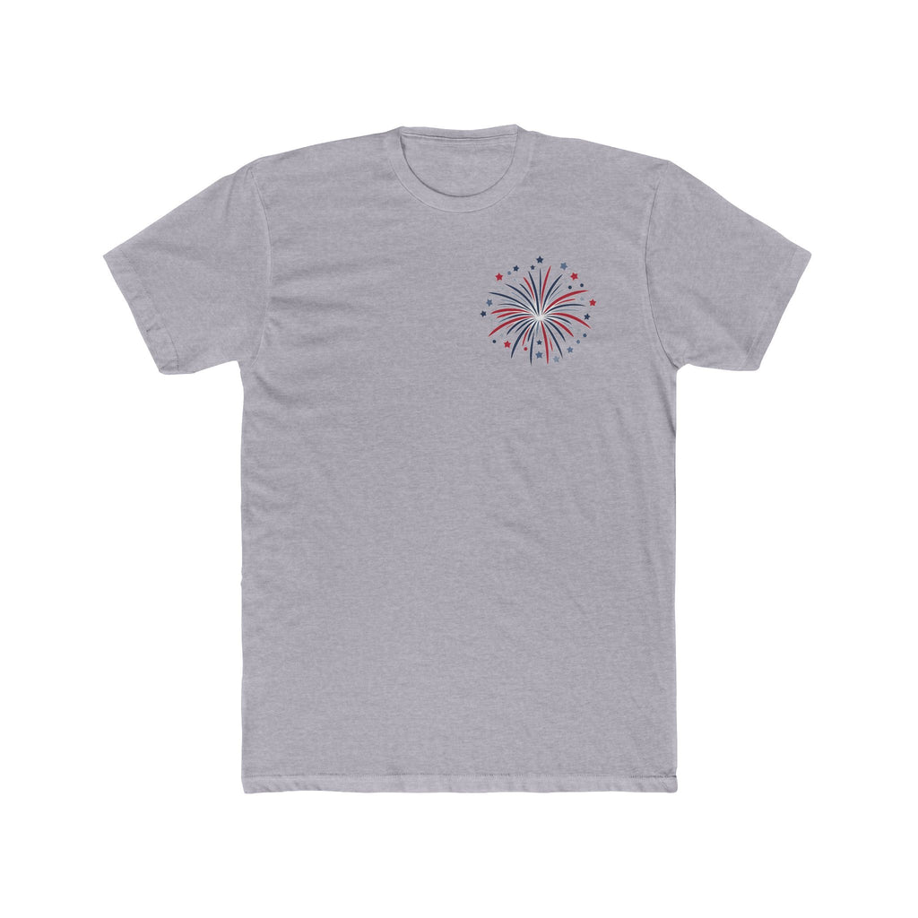 Distressed American Flag Crew Tee — Patriotic Fireworks Chest Print