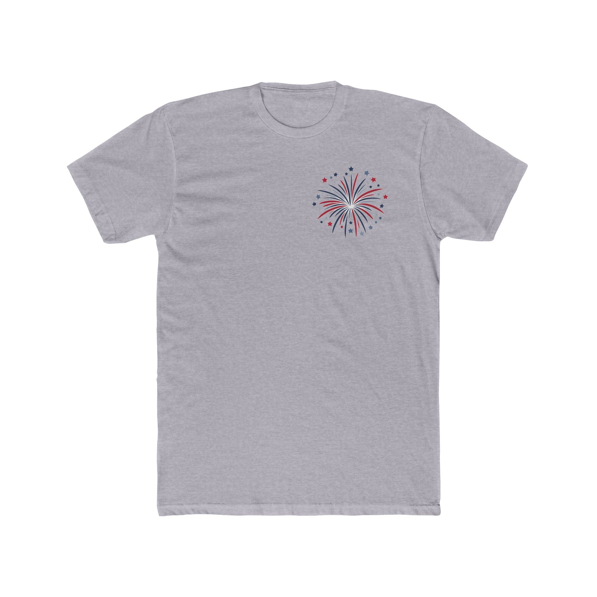 Distressed American Flag Crew Tee — Patriotic Fireworks Chest Print