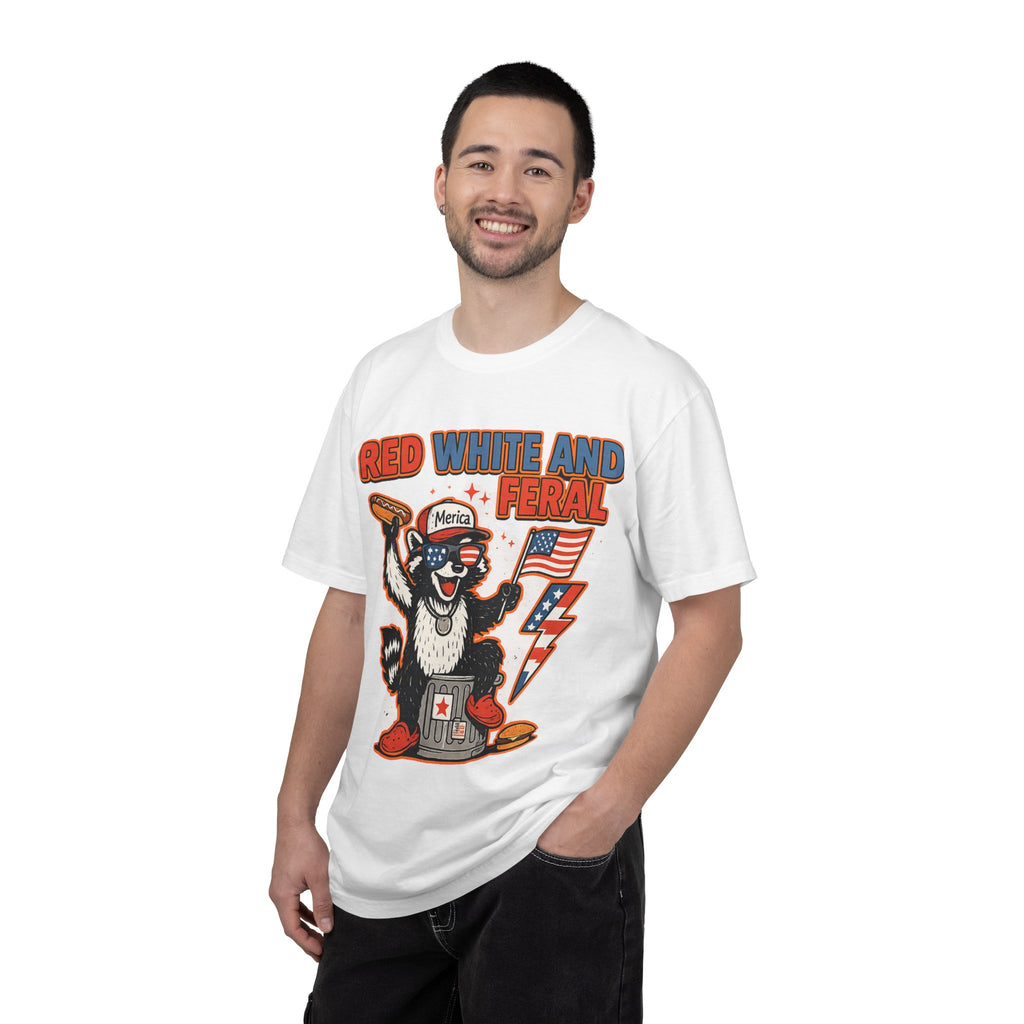 Red White and Feral Raccoon Tee — Patriotic Funny Graphic T-Shirt