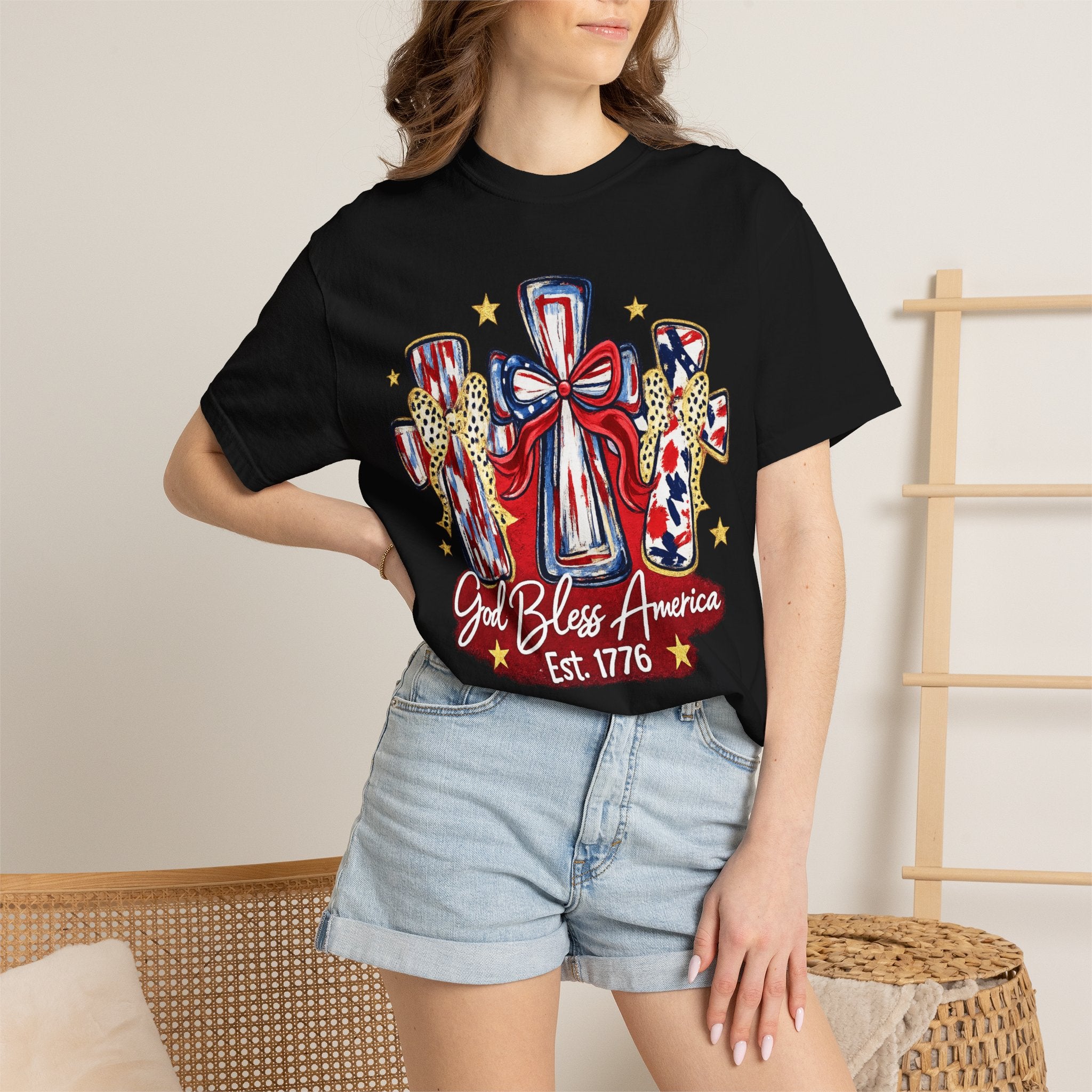 God Bless America Cross Tee — Patriotic Est. 1776 T-Shirt