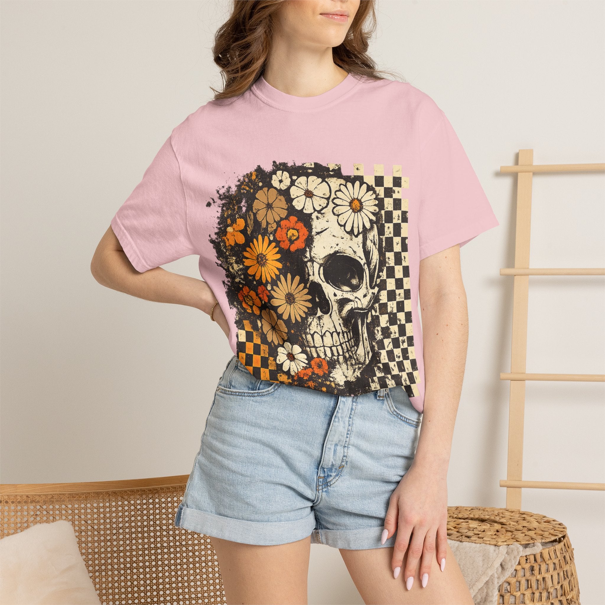 Floral Skull Checkerboard T-Shirt